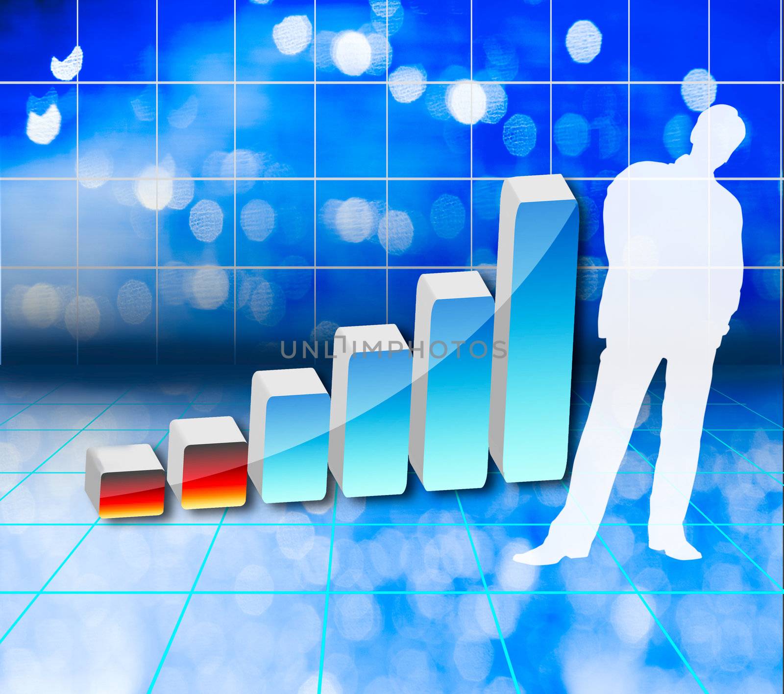 Confident business man standing near a 3d financial graph - Semi isolated with soft shadows