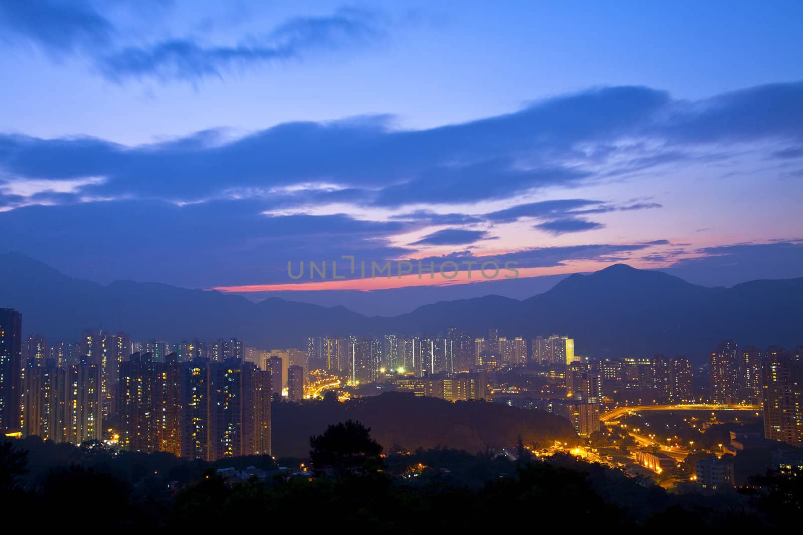 Hong Kong sunset in downtown area