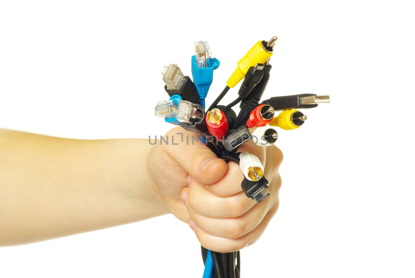 Computer cables in hand isolated on white background