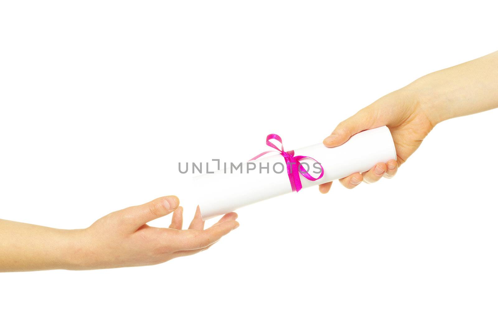 Diploma with a red ribbon in hand isolated on white 