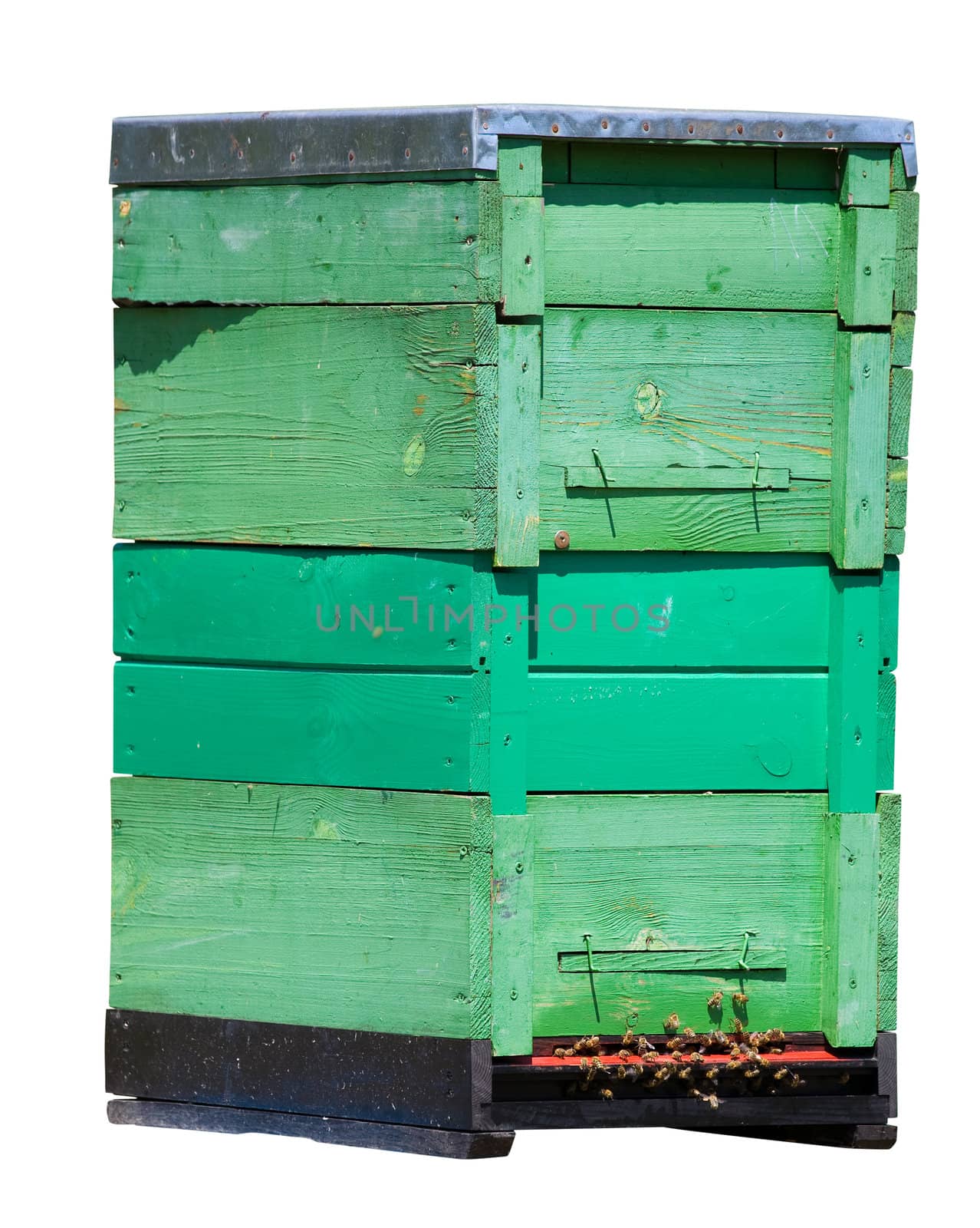 Triditional wooden beehive with lots of bees isolated on white. Clipping path included.