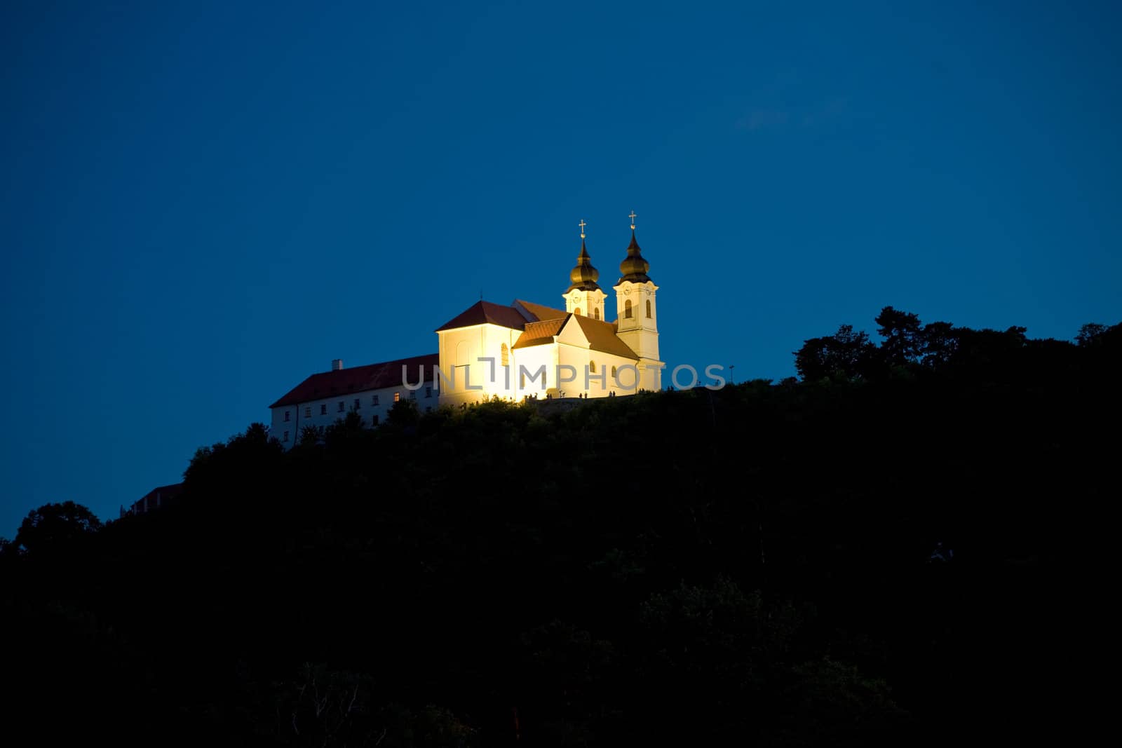 Tihany Abbey at night a Lake Balaton, Hungary.