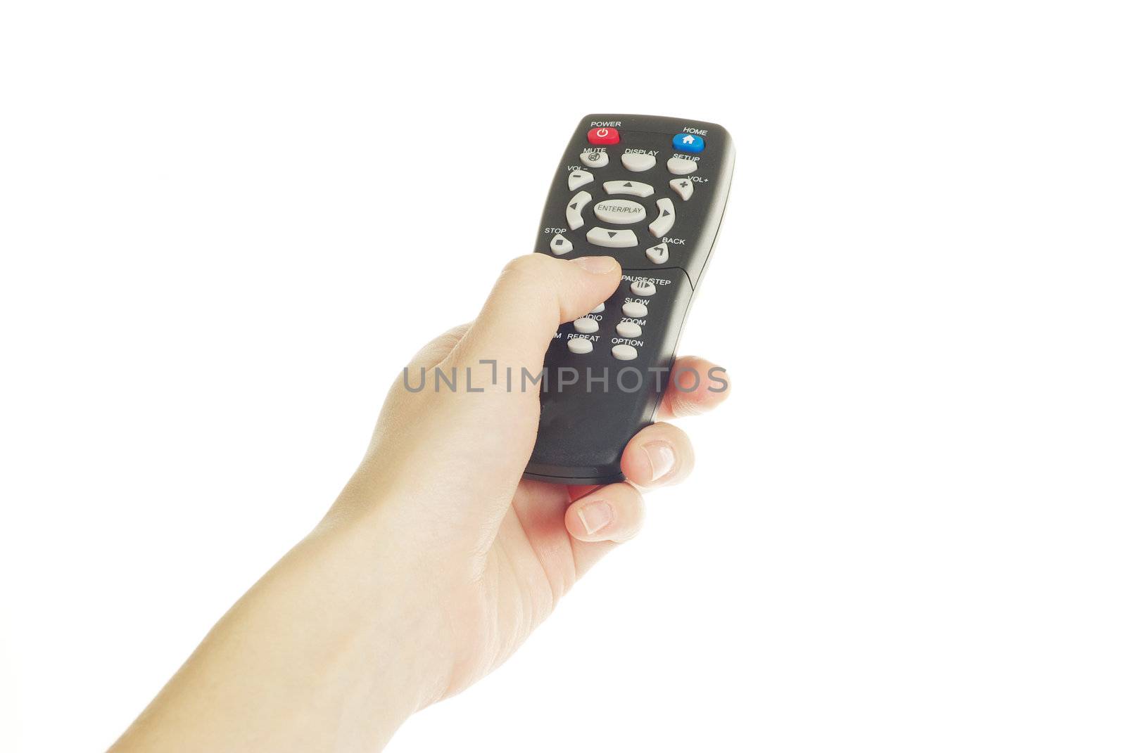 A hand holding a remote control isolated over a white background