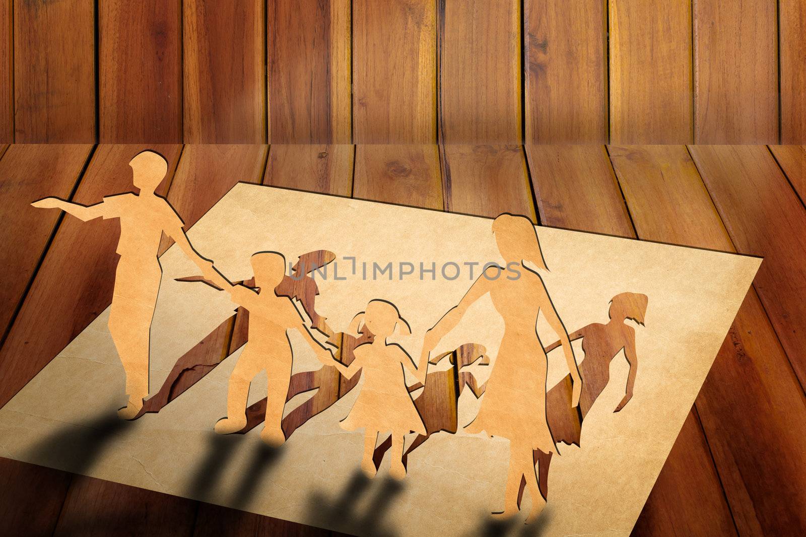 Warmth family concept, make for cut out of paper on wood texture