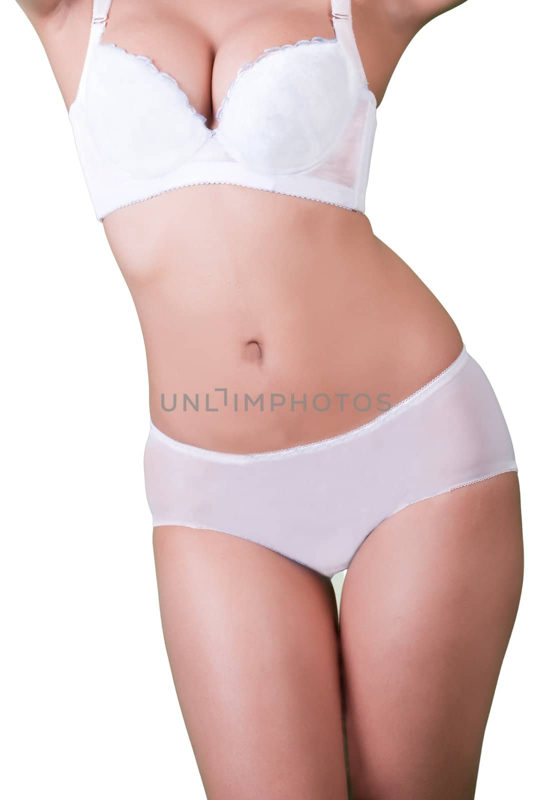 Slim tanned woman's body. Isolated over white background. by Suriyaphoto