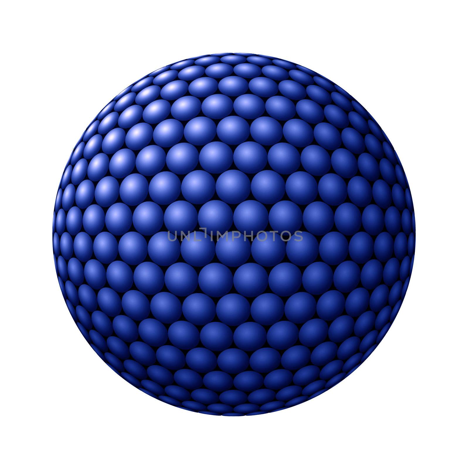 Blue spheres clustered into a larger sphere against white background