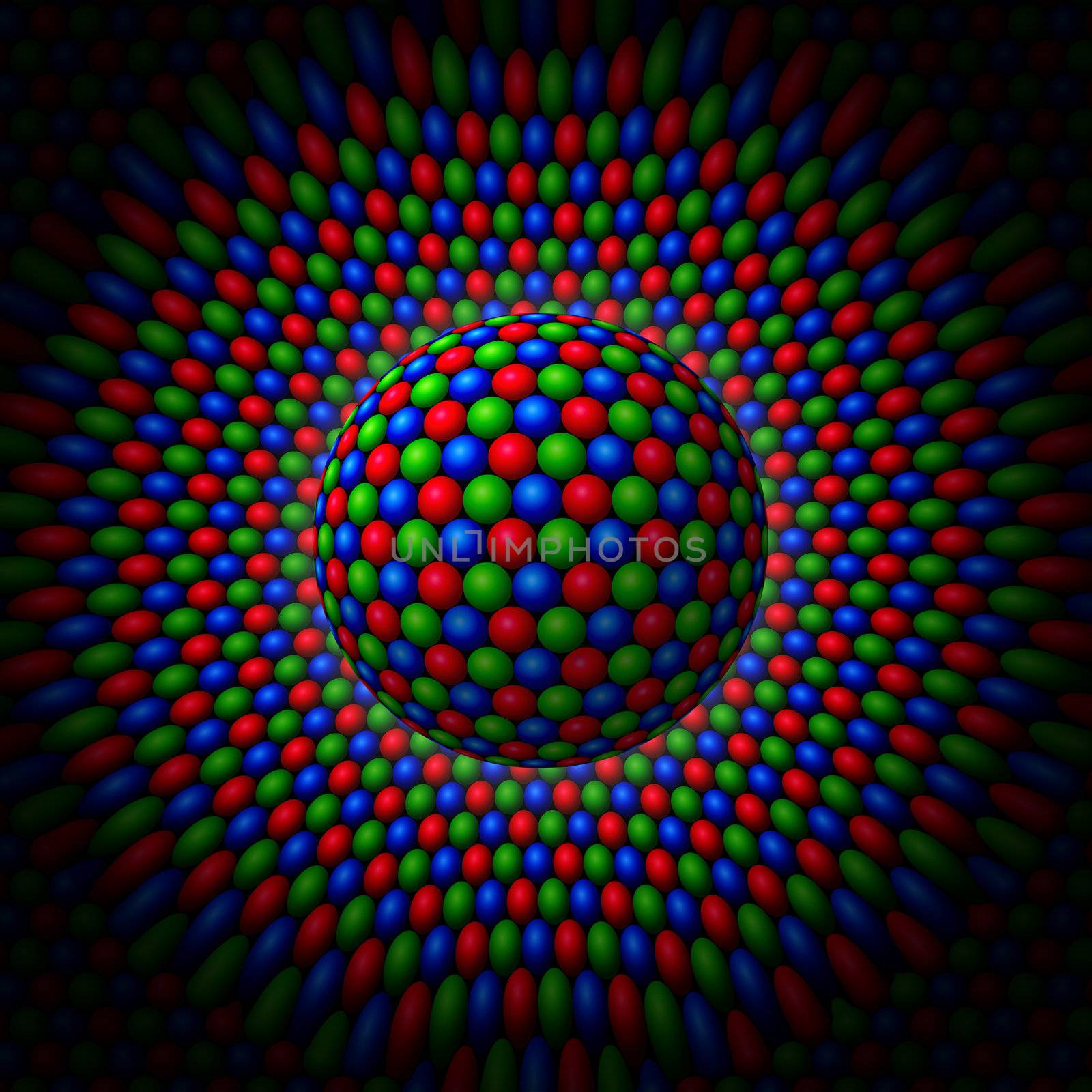 Red, Green and Blue spheres clustered into a larger sphere surrounded by a field of RGB spheres