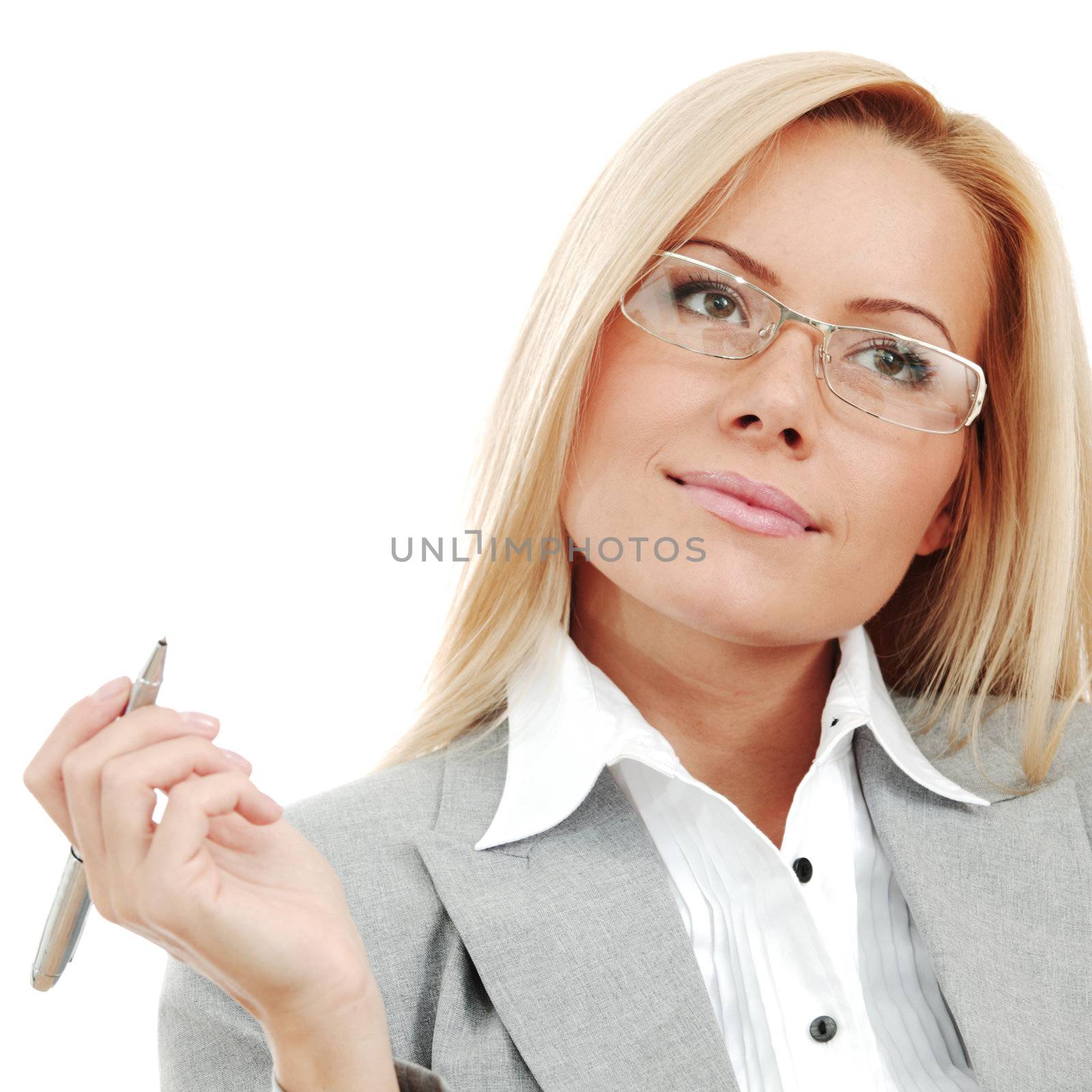 business woman in glasses on white background pen in hands