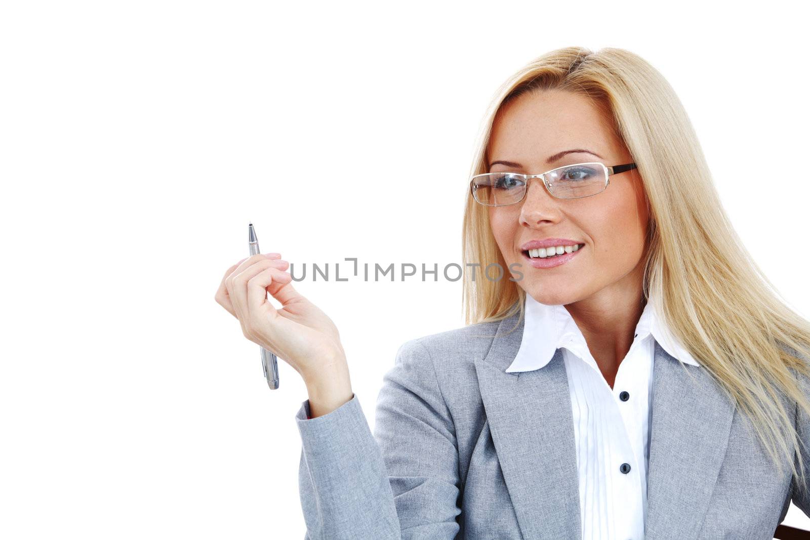 business woman in glasses on white background pen in hands