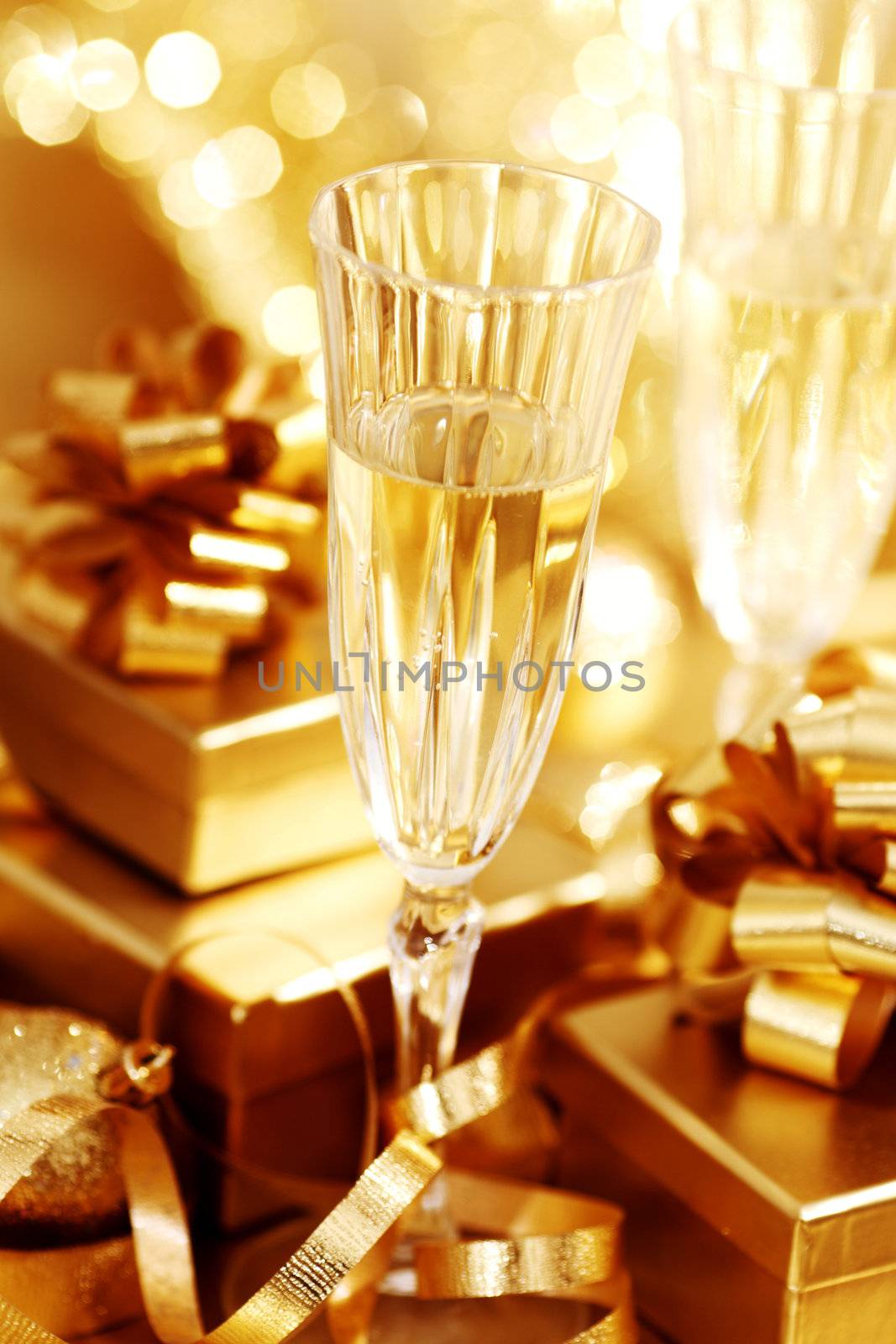 golden christmas background champagne gifts ball