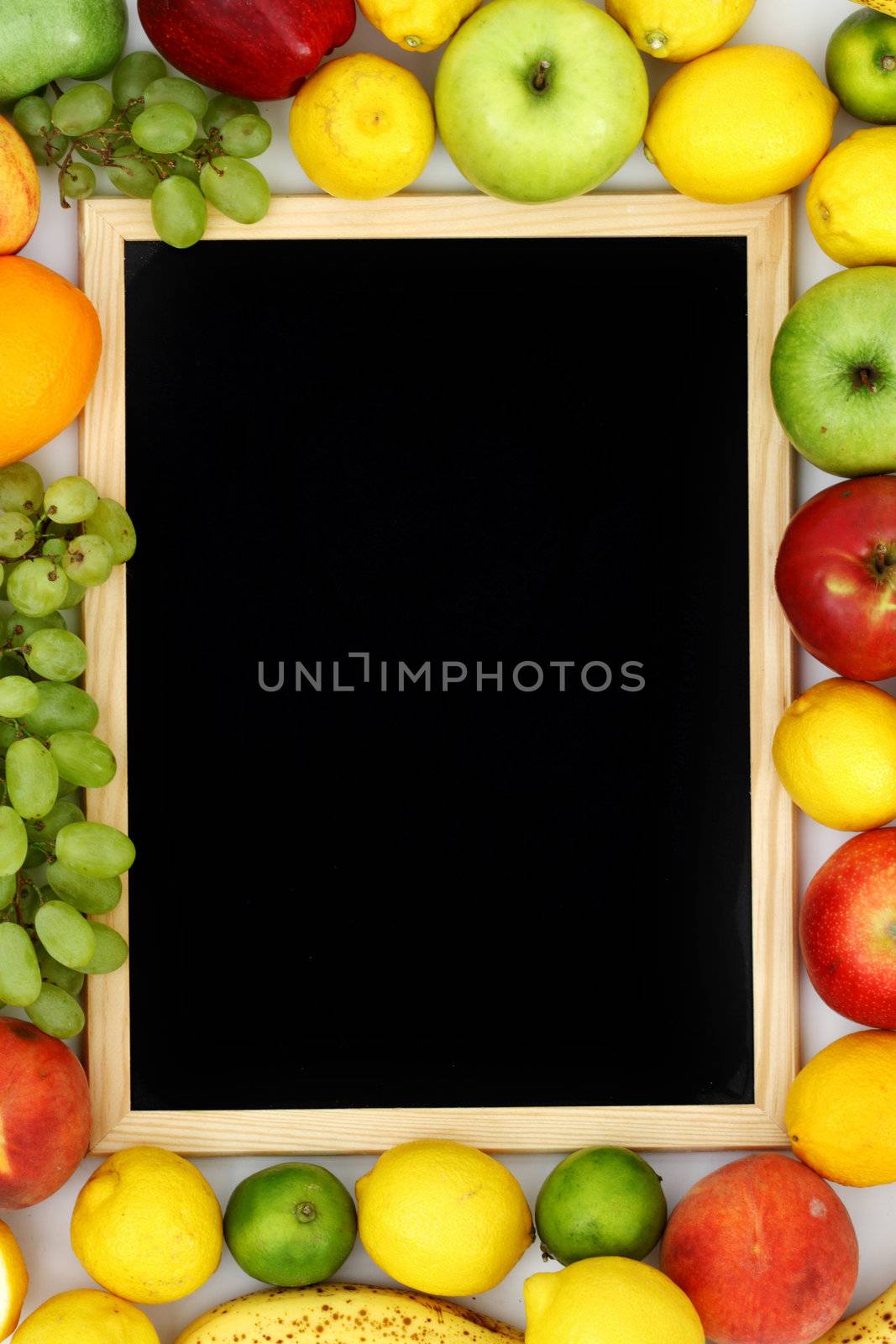 desk in big fruit pile