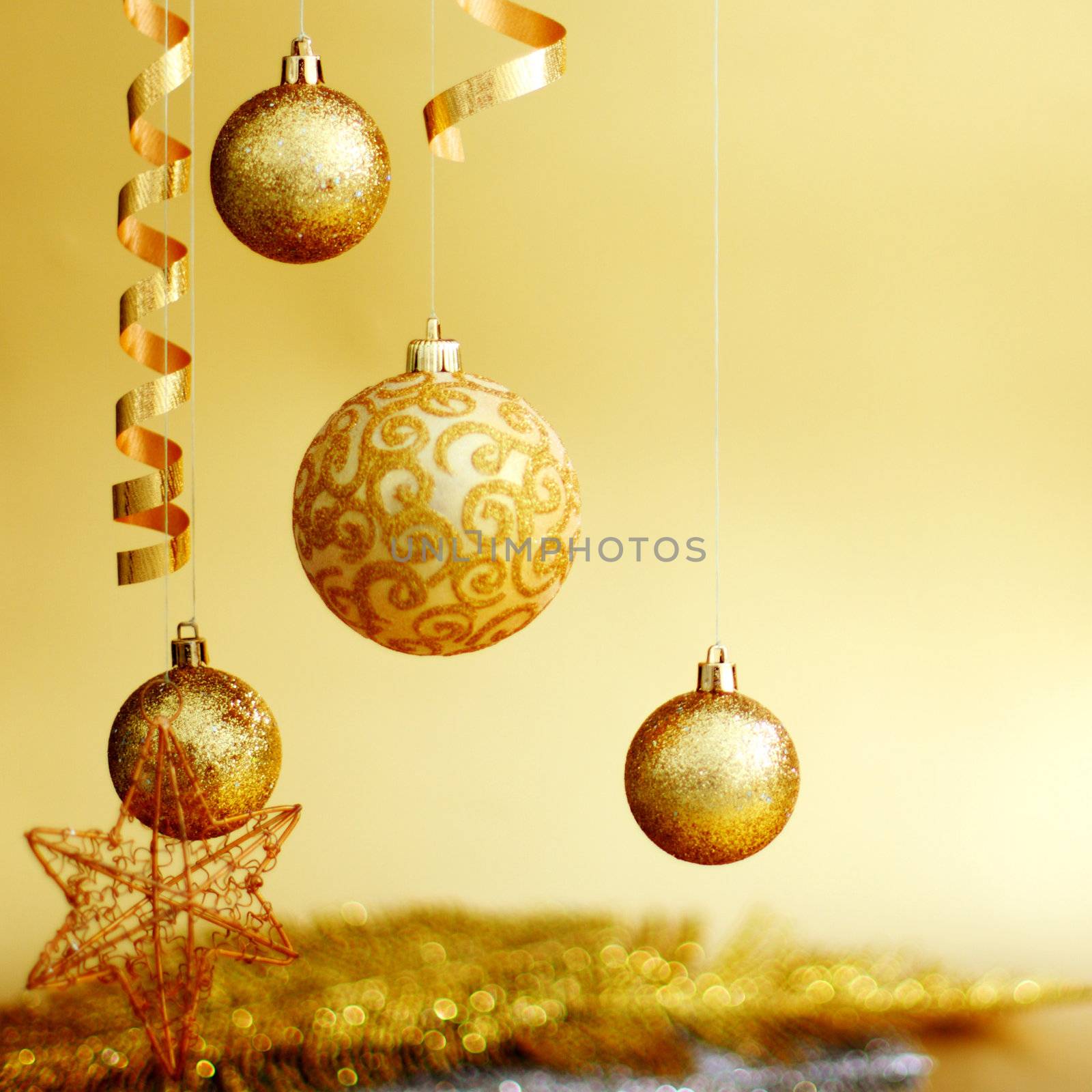 golden christmas balls on bokeh background