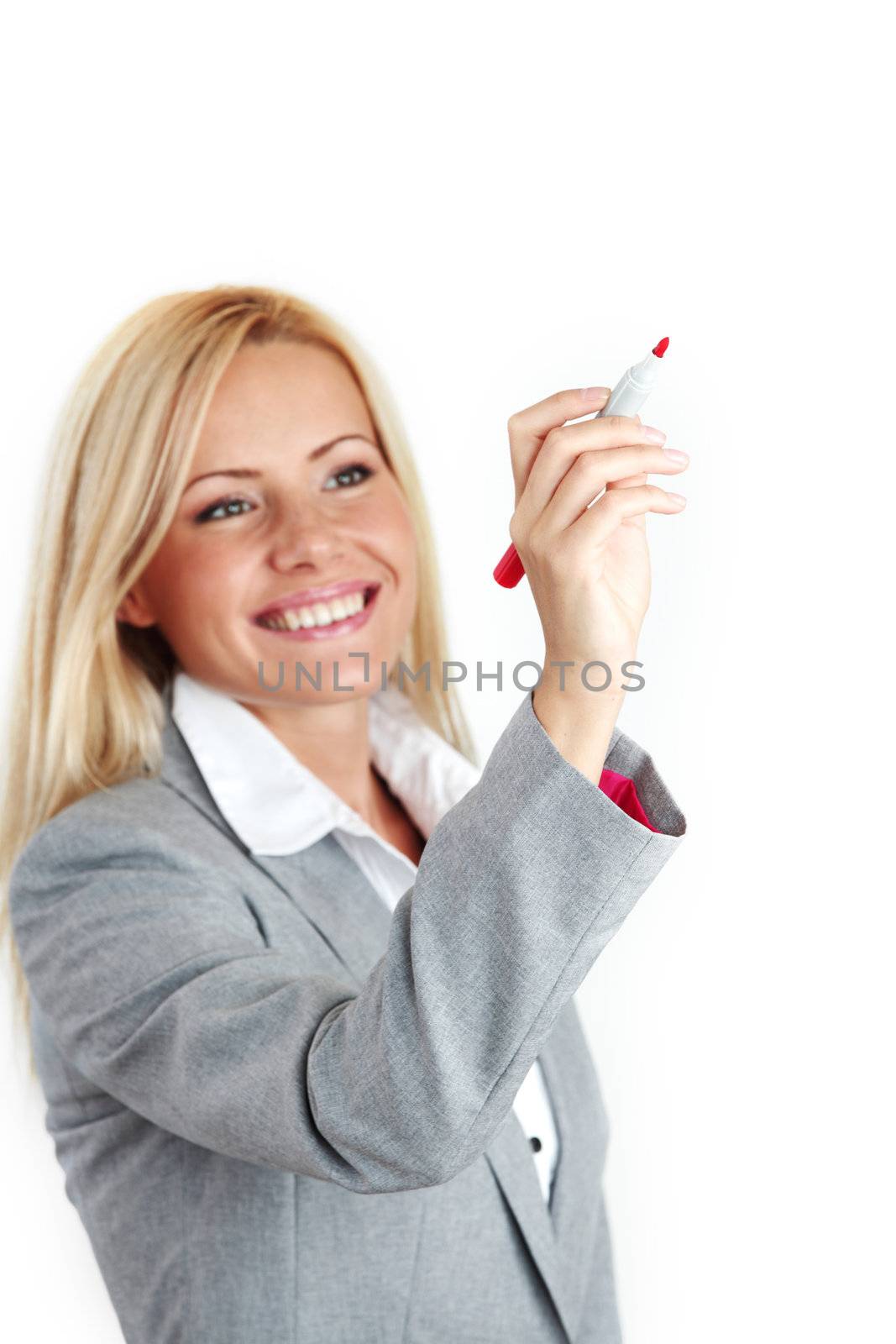 business woman draws on the glass