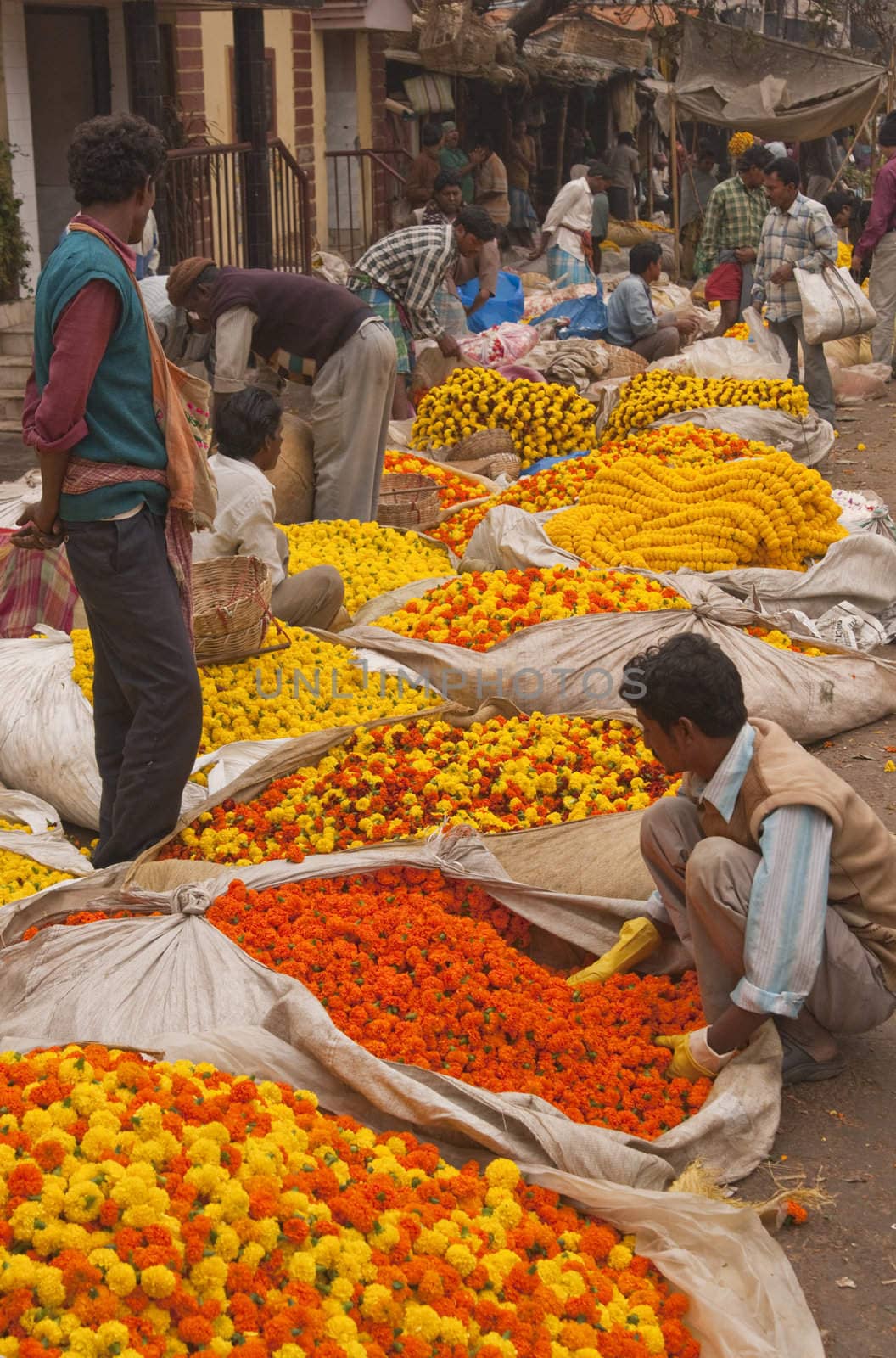 Busy flower market in Kolkata, West Bengal, India