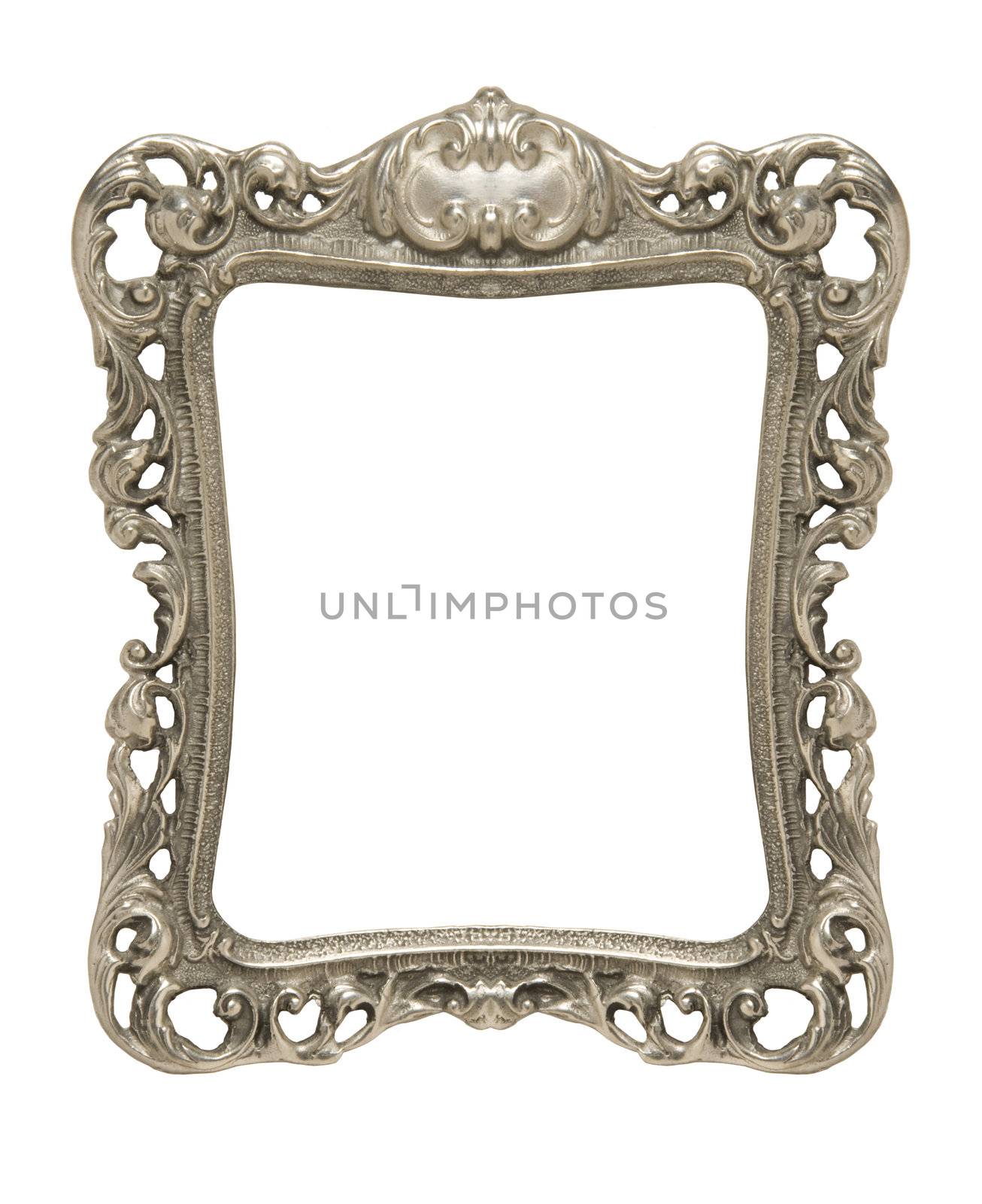 An ornate pewter picture frame silhouetted against a white background