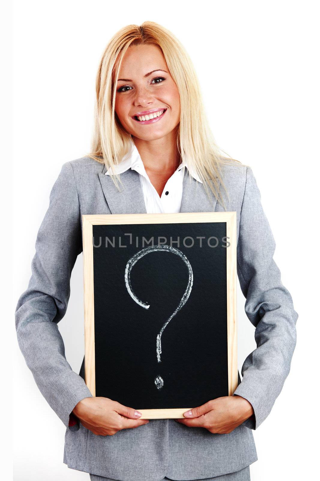 business woman take question sign in hands