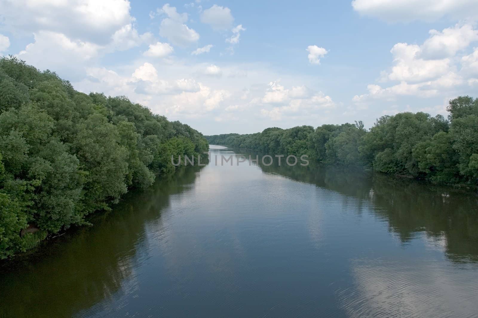 Summer. River. Blue sky and green trees are reflected in water.