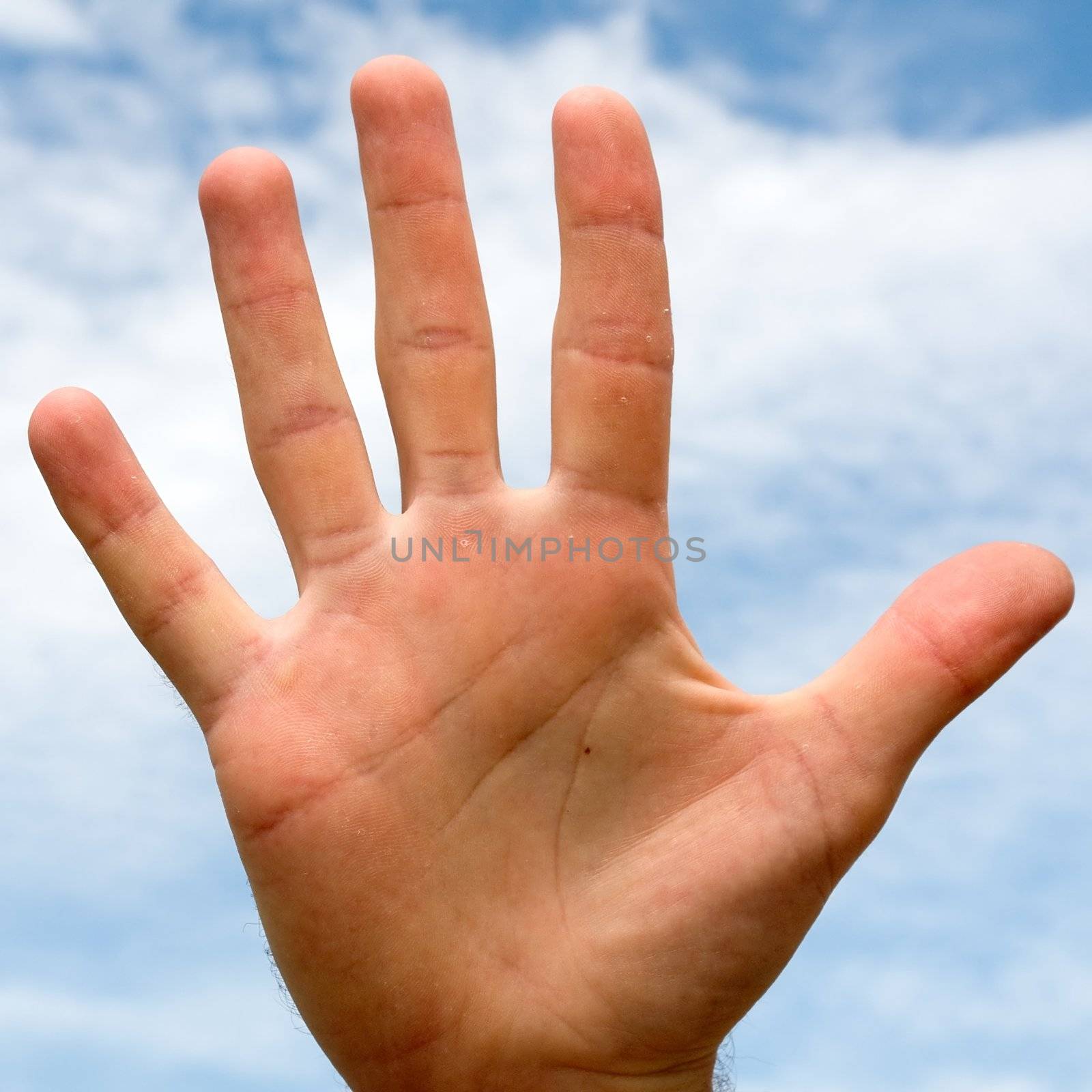 five. hand gesture with blue sky at background
