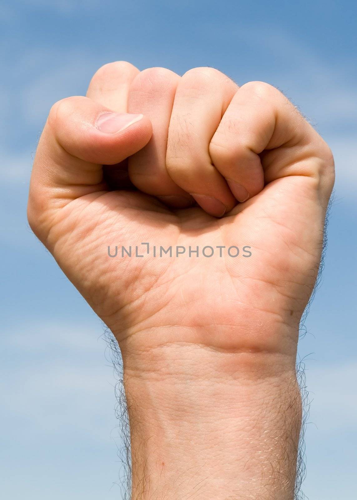 fist. hand gesture with blue sky at background