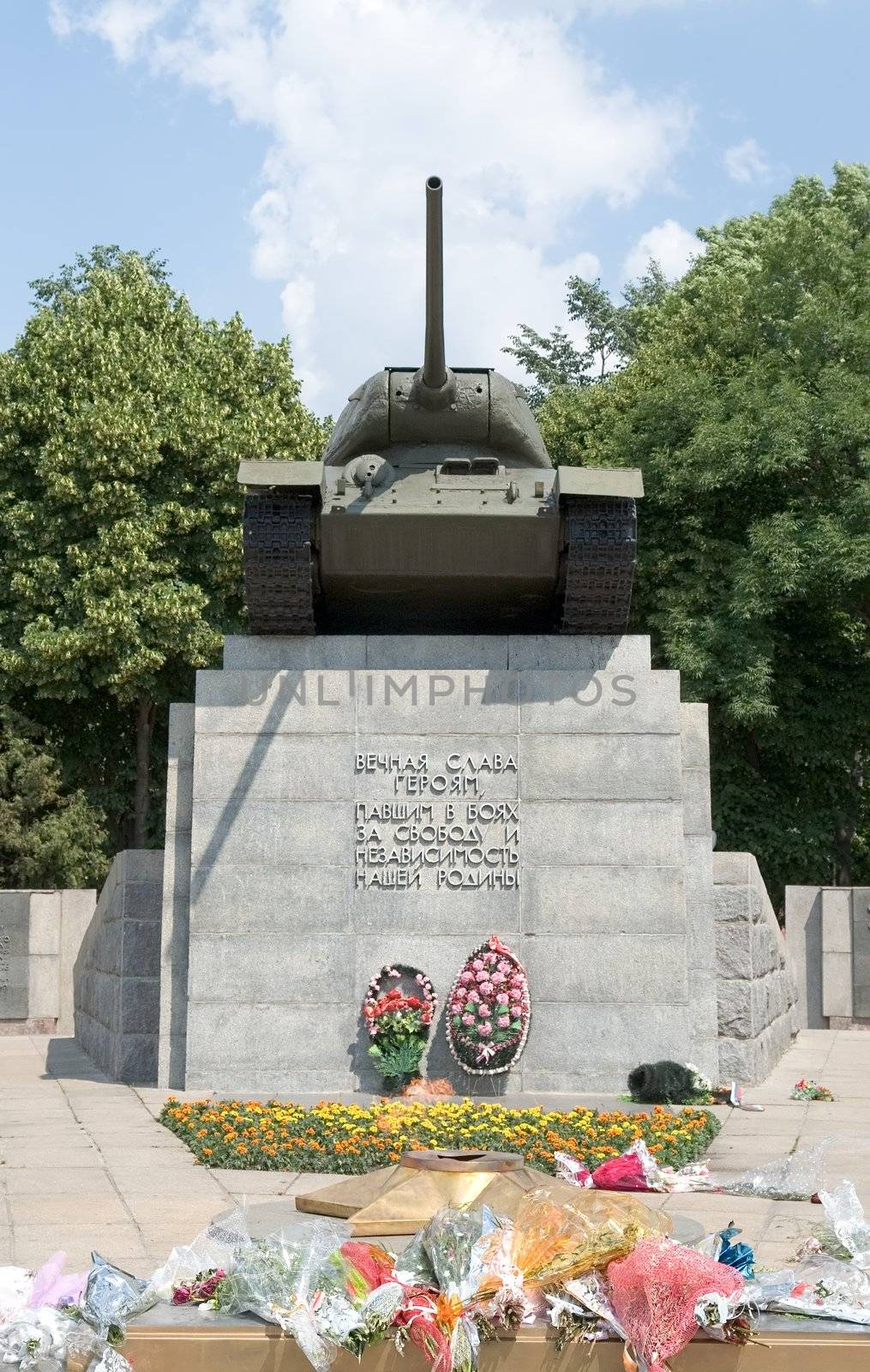 Tank on the pedestal. Monument to the tankers World War II.