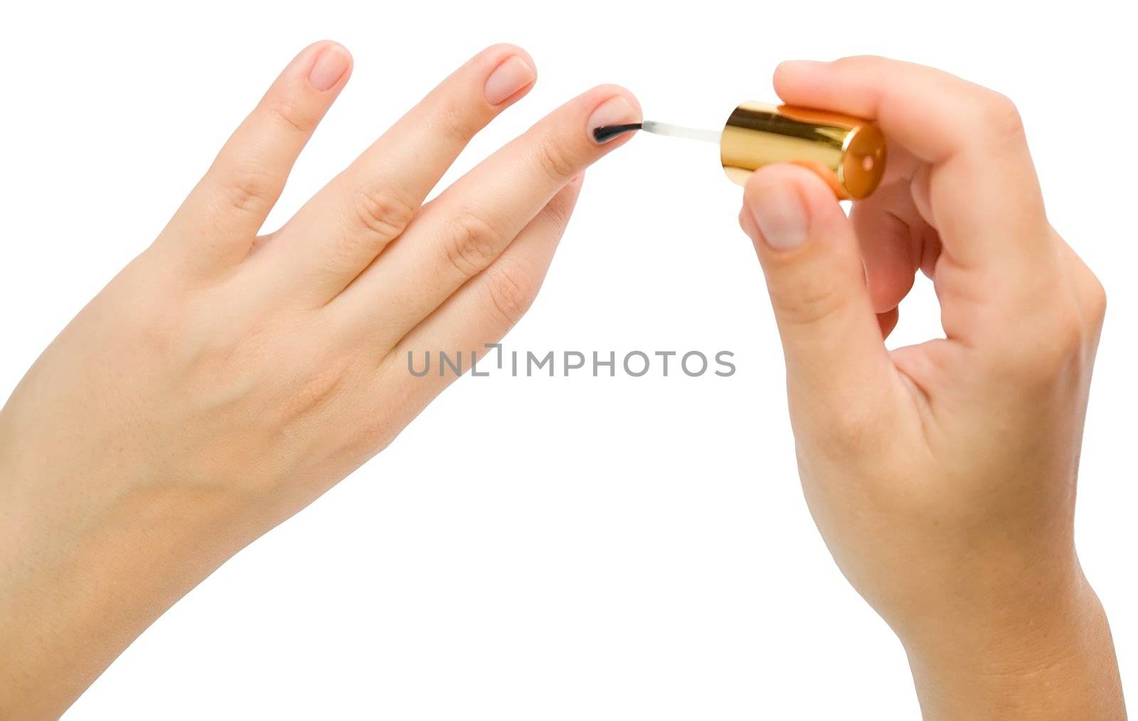Manicure preparation. Female hands make manicure.