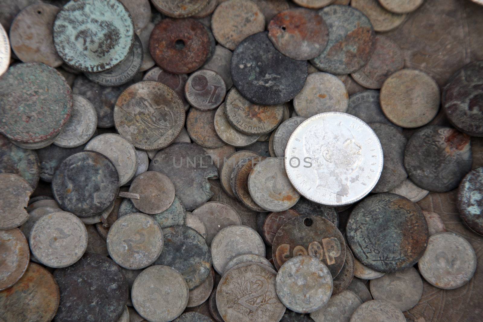 Wonderful collection of old coins from different countries, El-Jem market, Tunisia