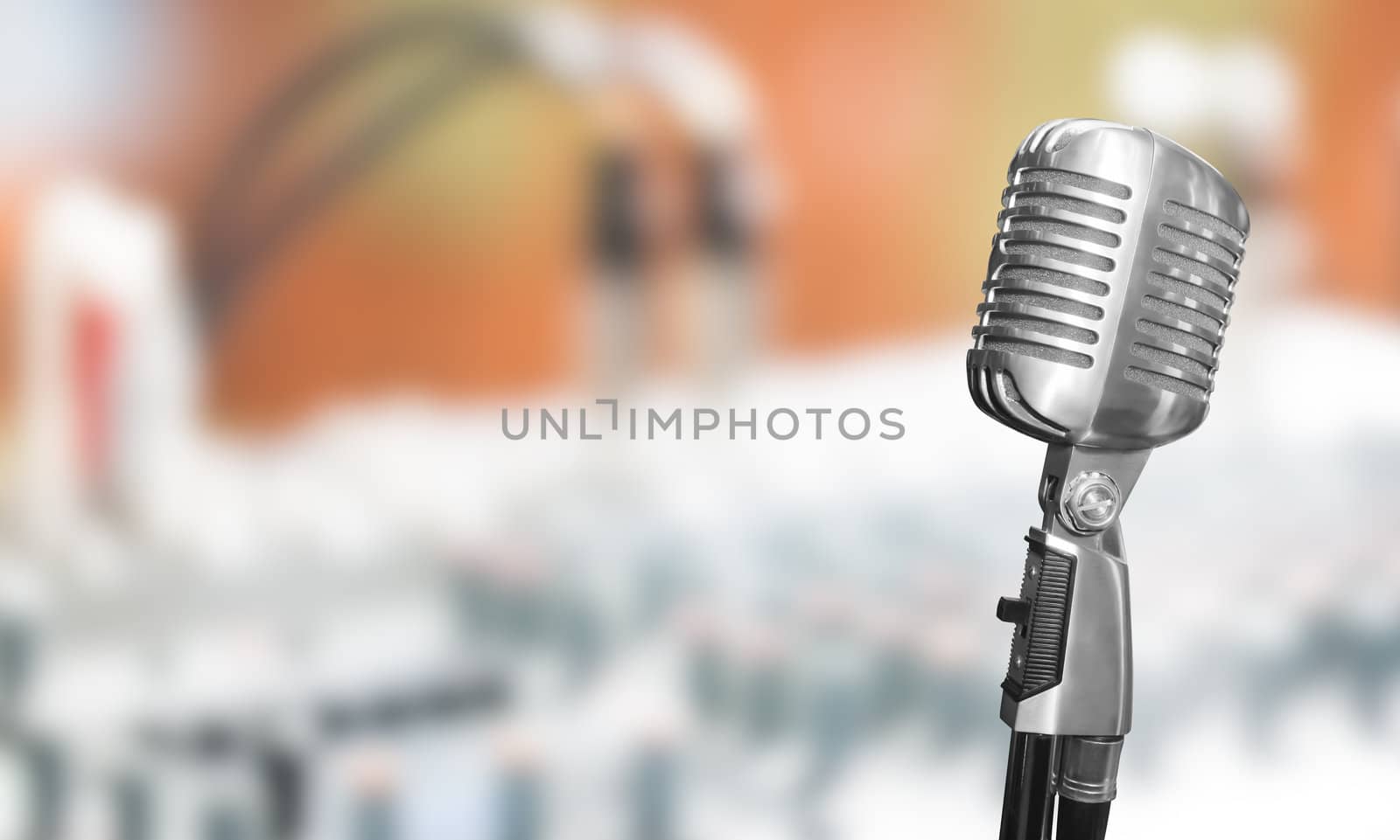 Retro microphone with mixer background by Suriyaphoto