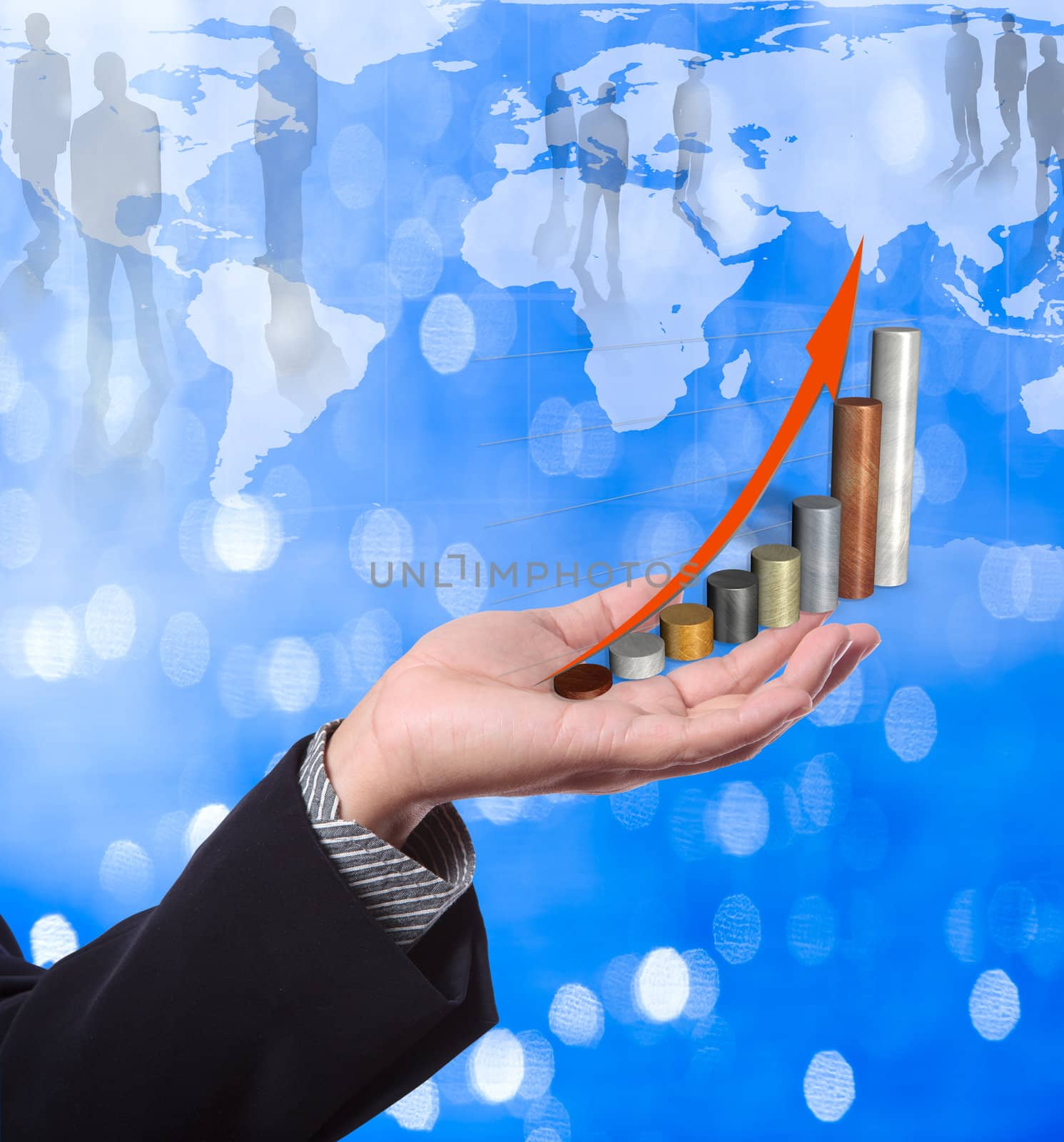 Business man holding pie graph with world map background