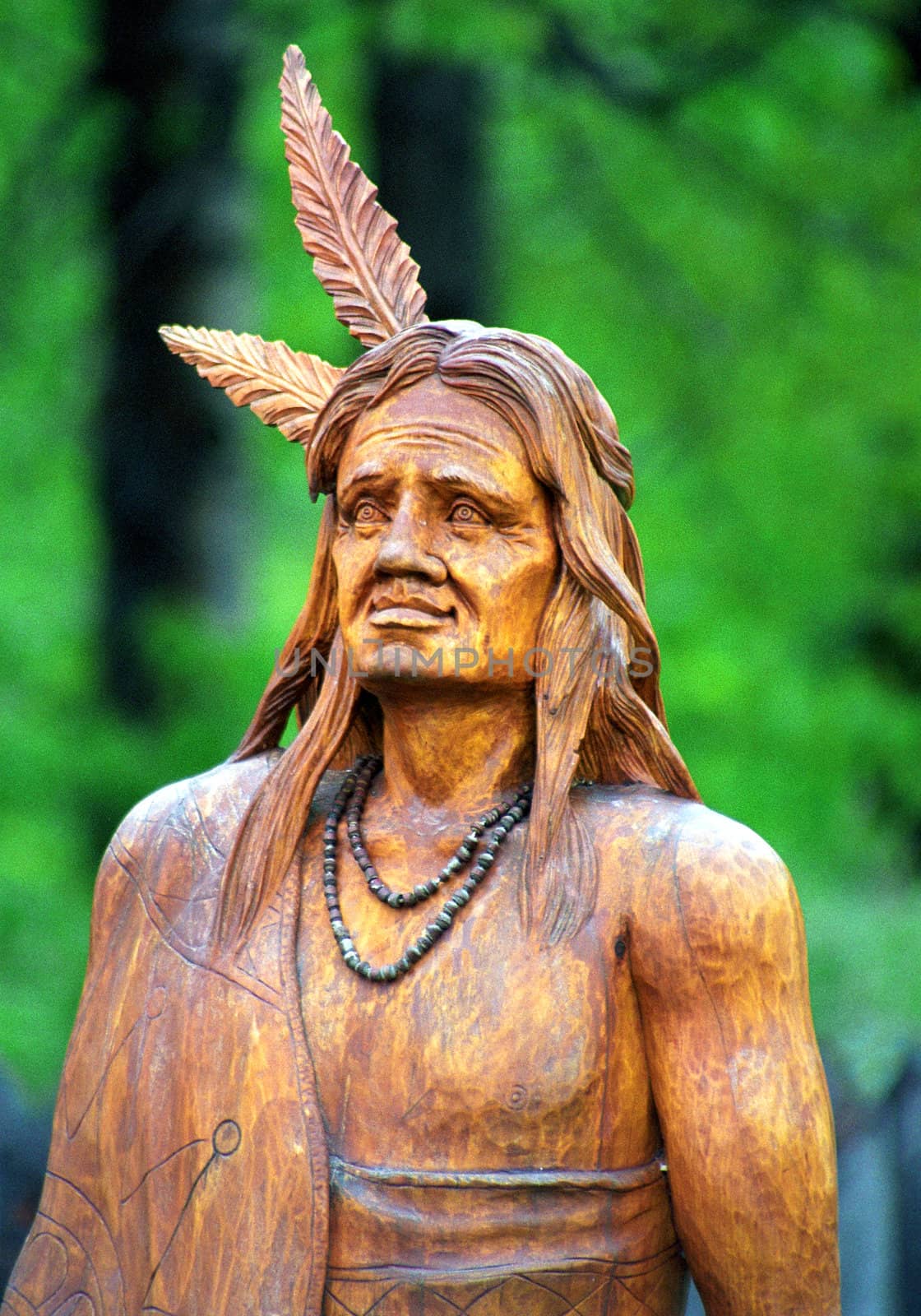 Totem Pole against a green blurred background in Tadoussac, Canada