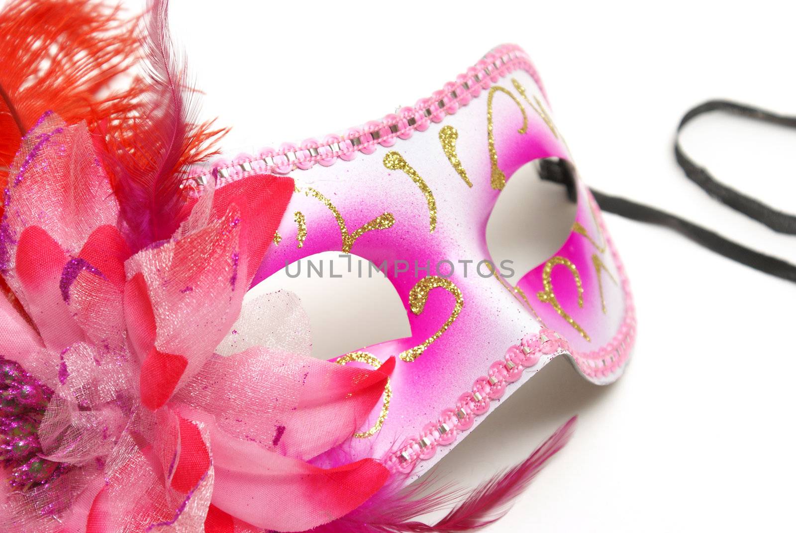 A feminine venetian mask on a white background for concealing your identity at festivities.