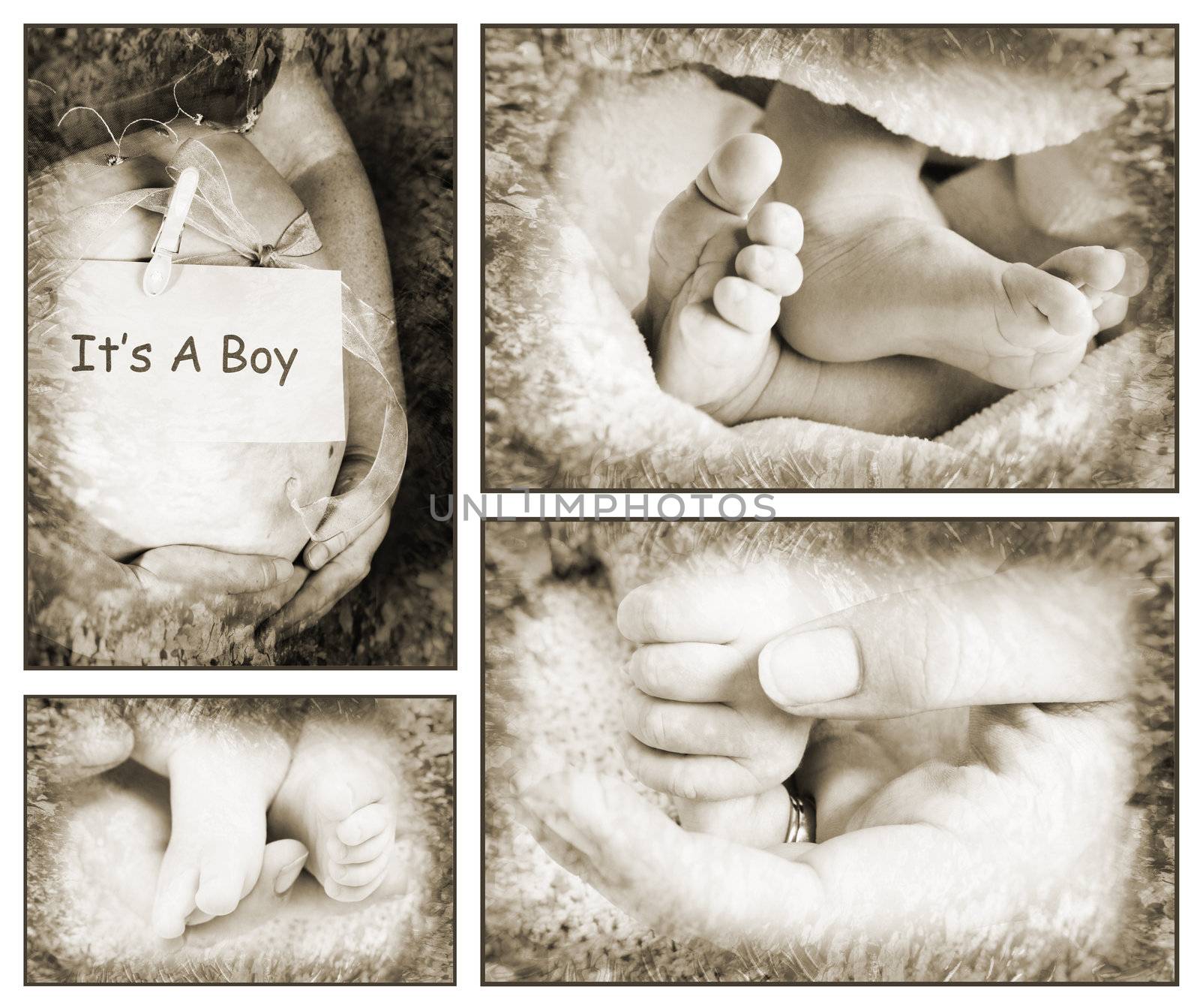 Collection of baby feet and hands with pregnant mother