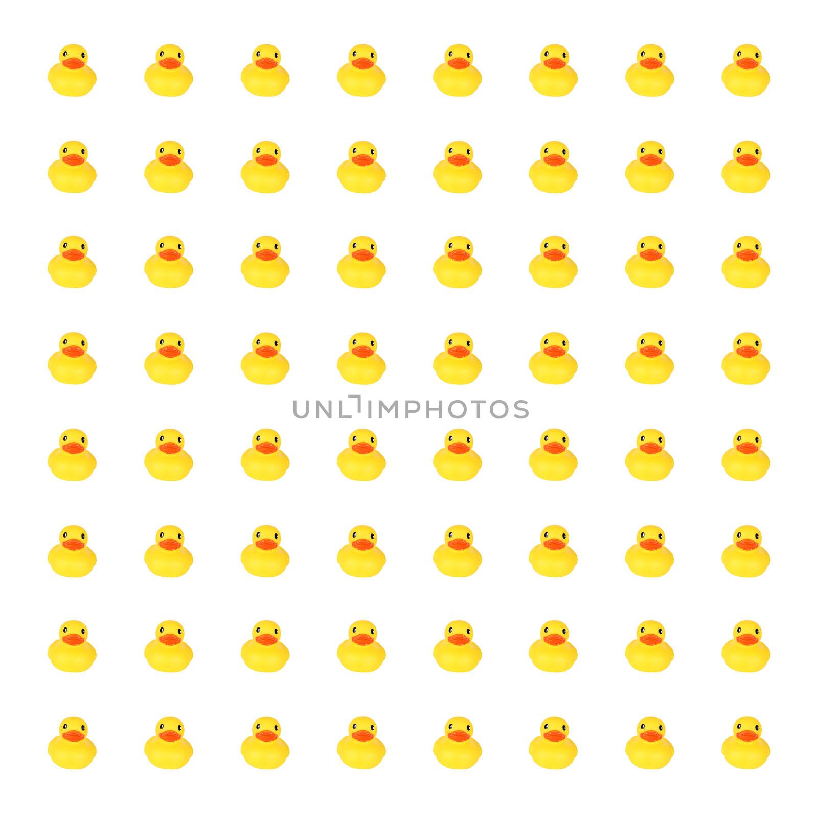 Yellow toy ducks in row background against white