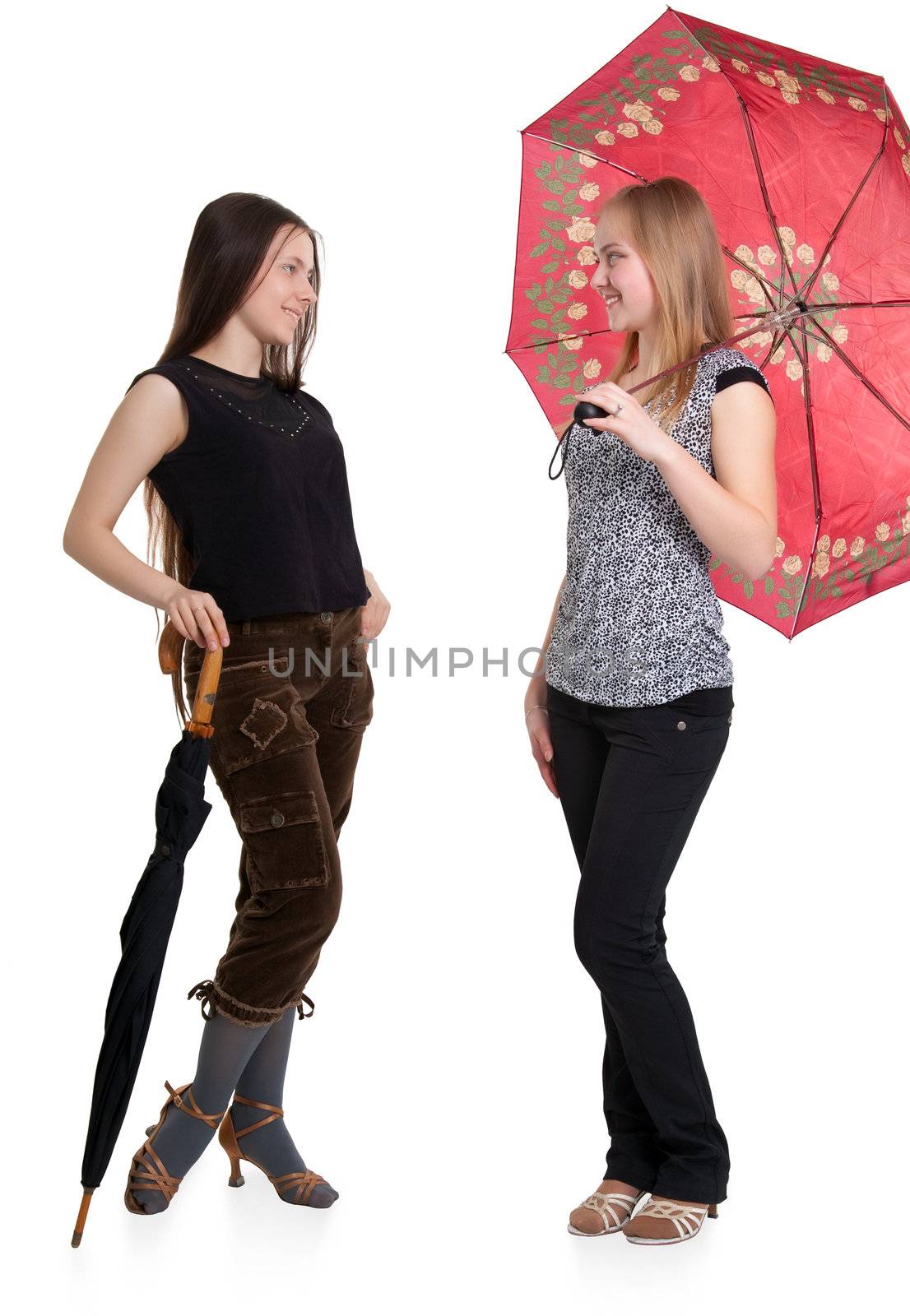 Two girls with umbrellas. Isolated on white background