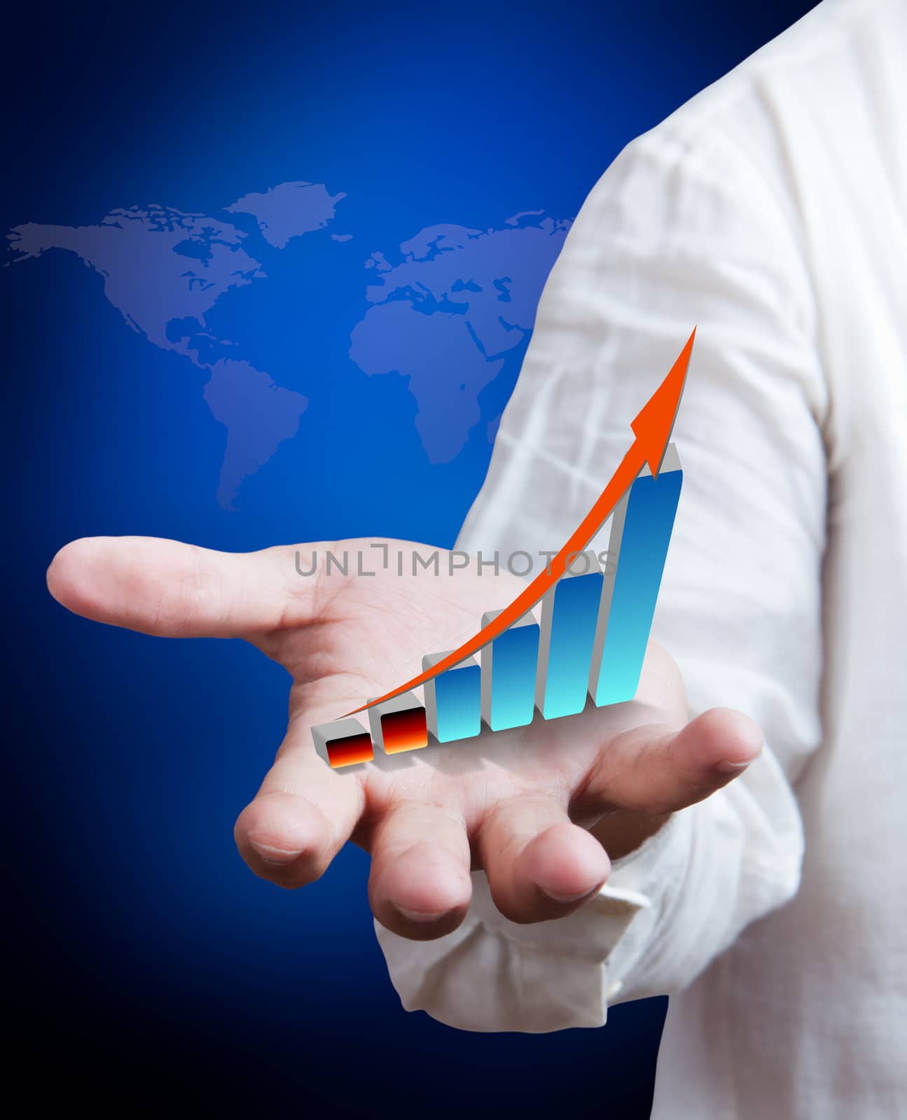 Business man holding growth graph with world map background by Suriyaphoto