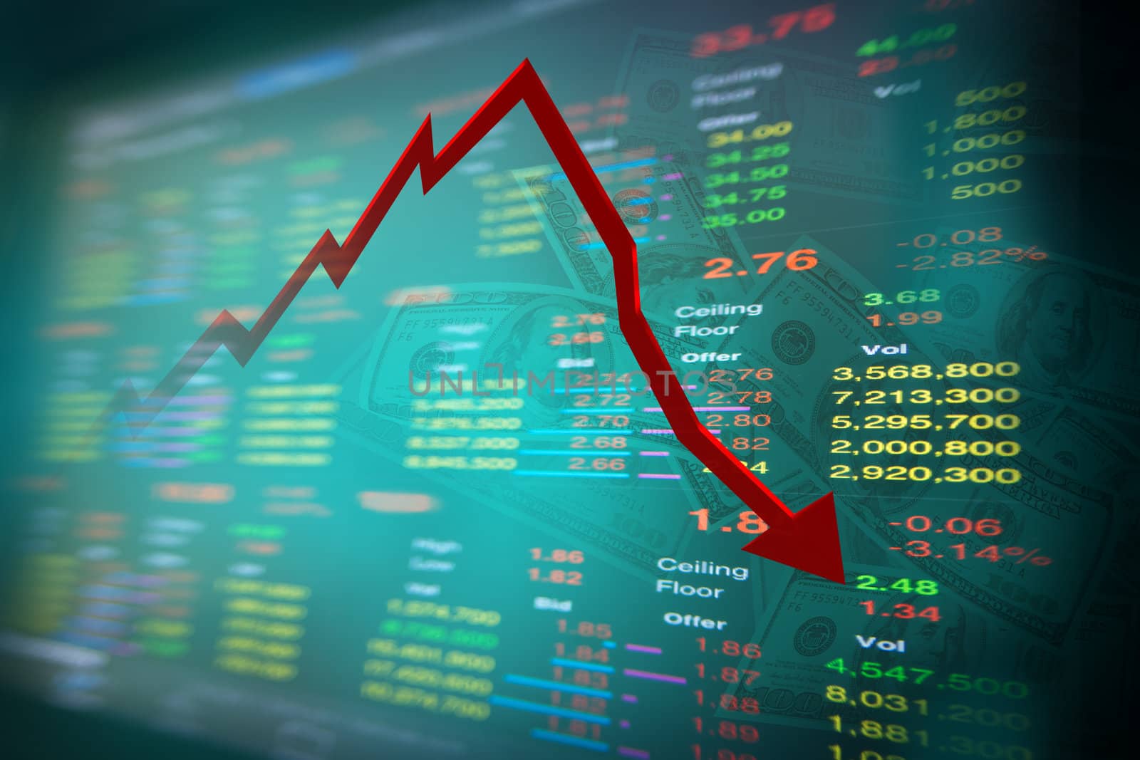 falling dollar note and graph of stock market with stock board