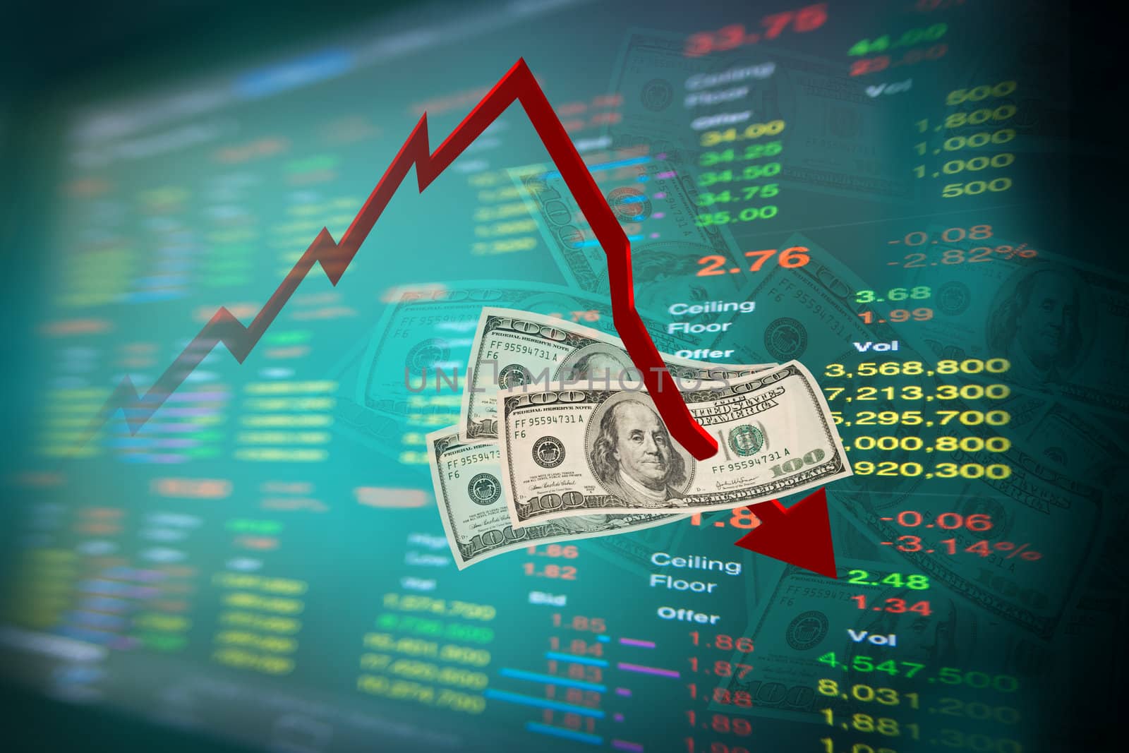 falling dollar note and graph of stock market with stock board