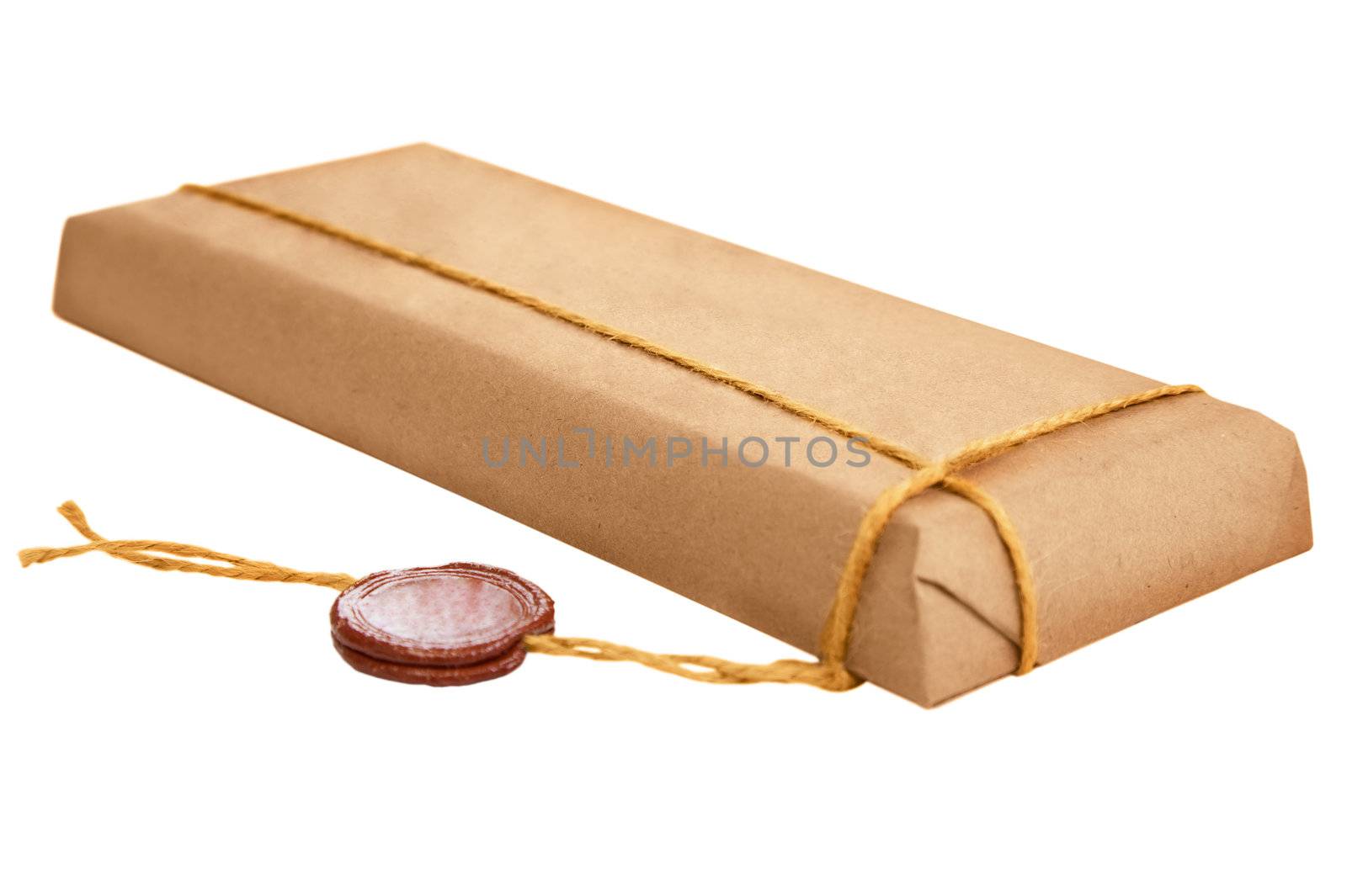 Packet with the old wax seal isolated on white background