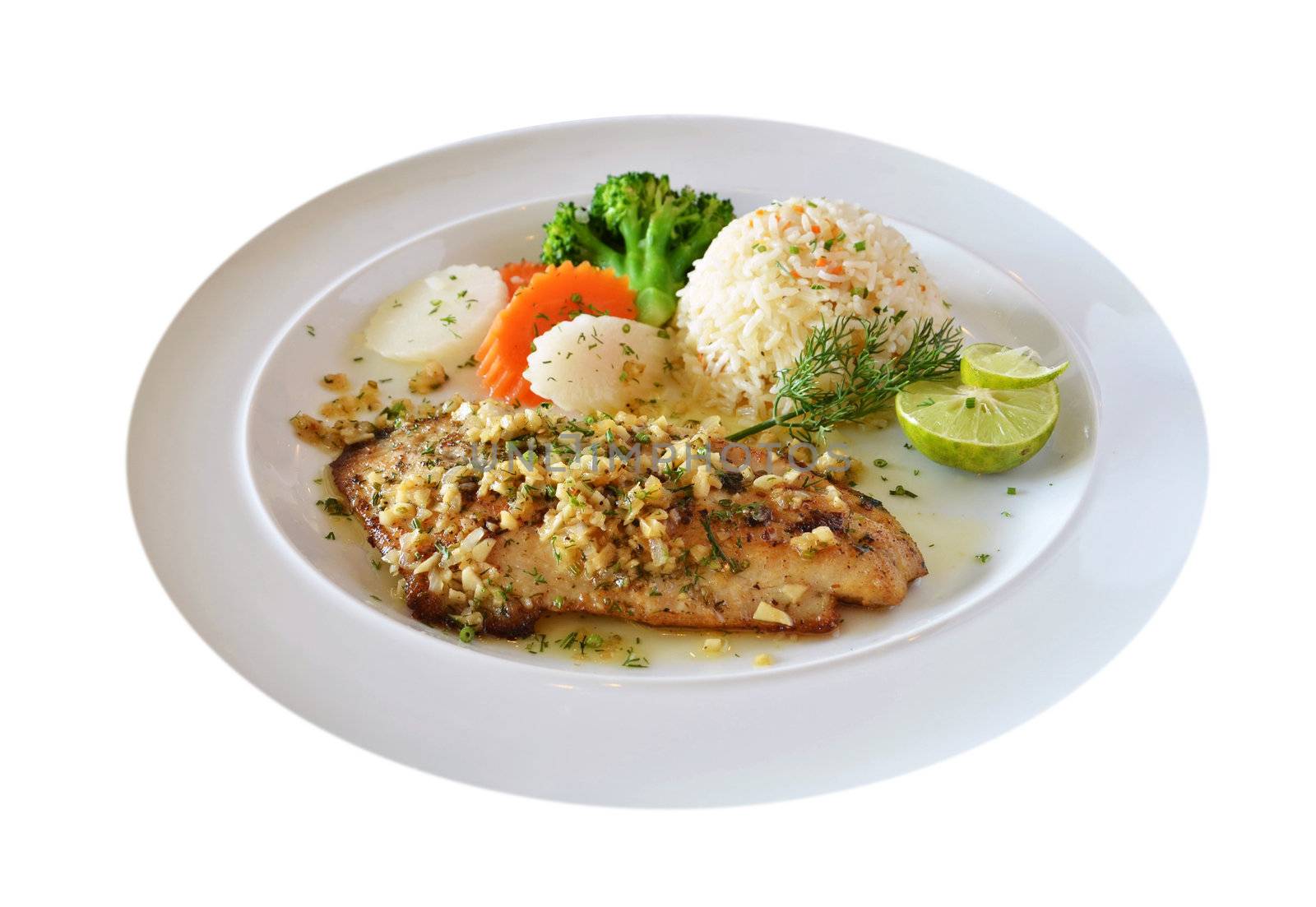 roasted fish served with fried rice 