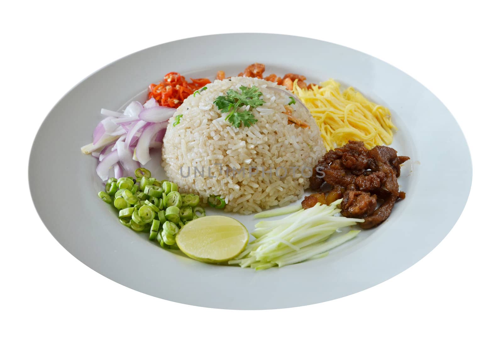 Mixed cooked rice with shrimp paste sauce and fresh vegetable, Thai food