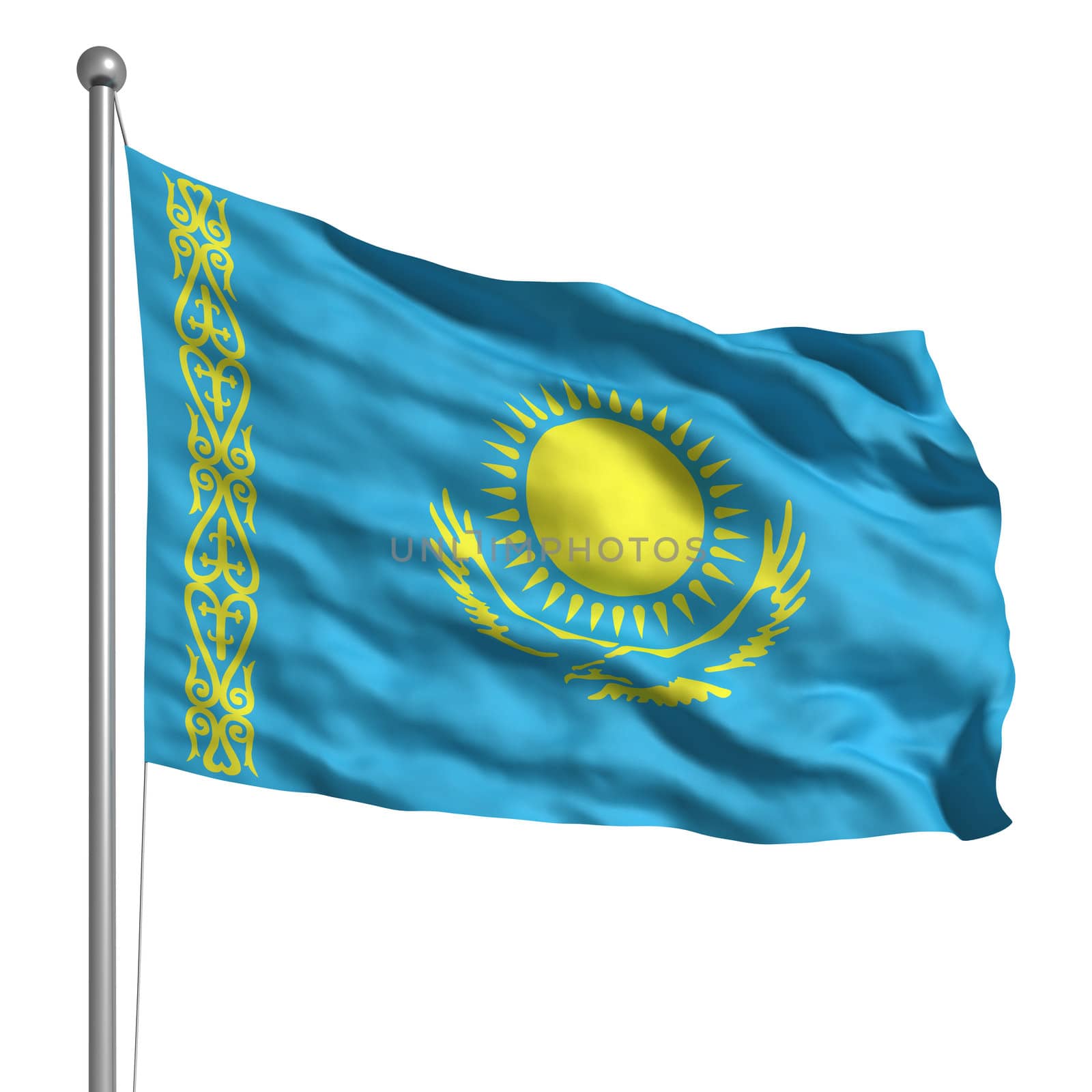 Flag of Kazakhstan. Rendered with fabric texture (visible at 100%). Clipping path included.