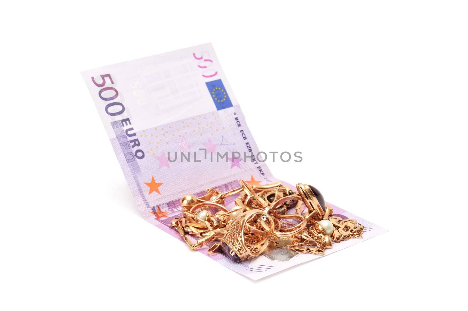 Gold ornaments and euro isolated on a white background                                    