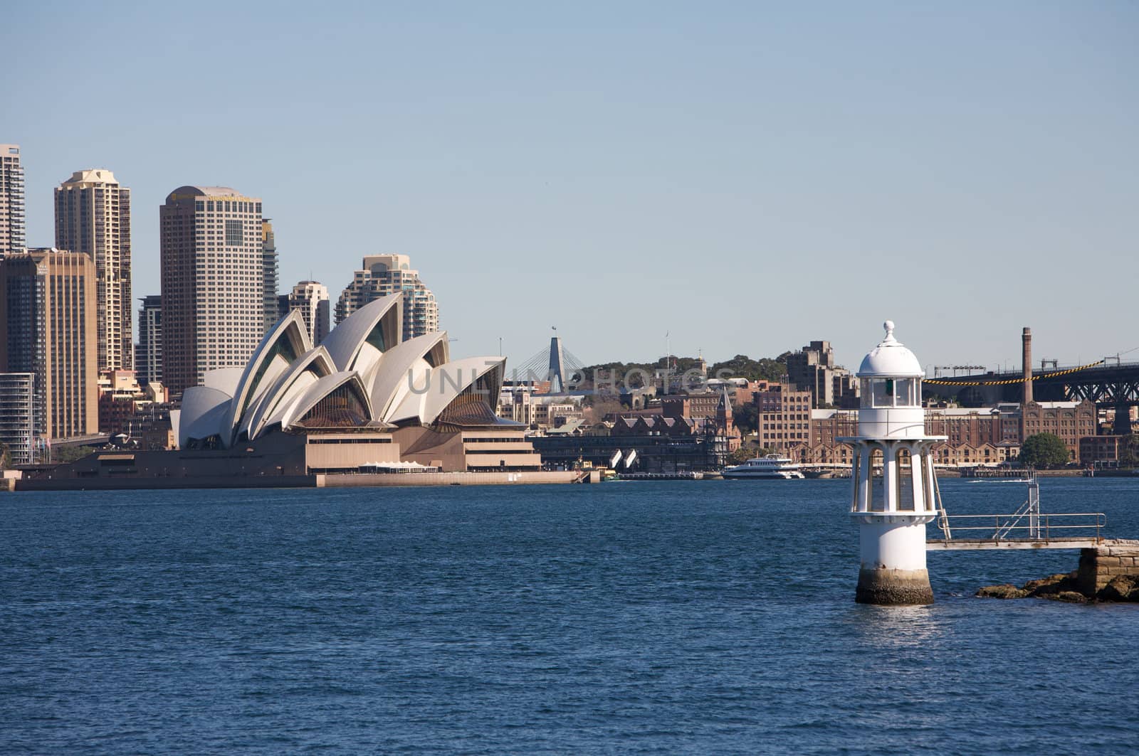 Sydney Opera House in Australia with the city center in the background and a ferry port