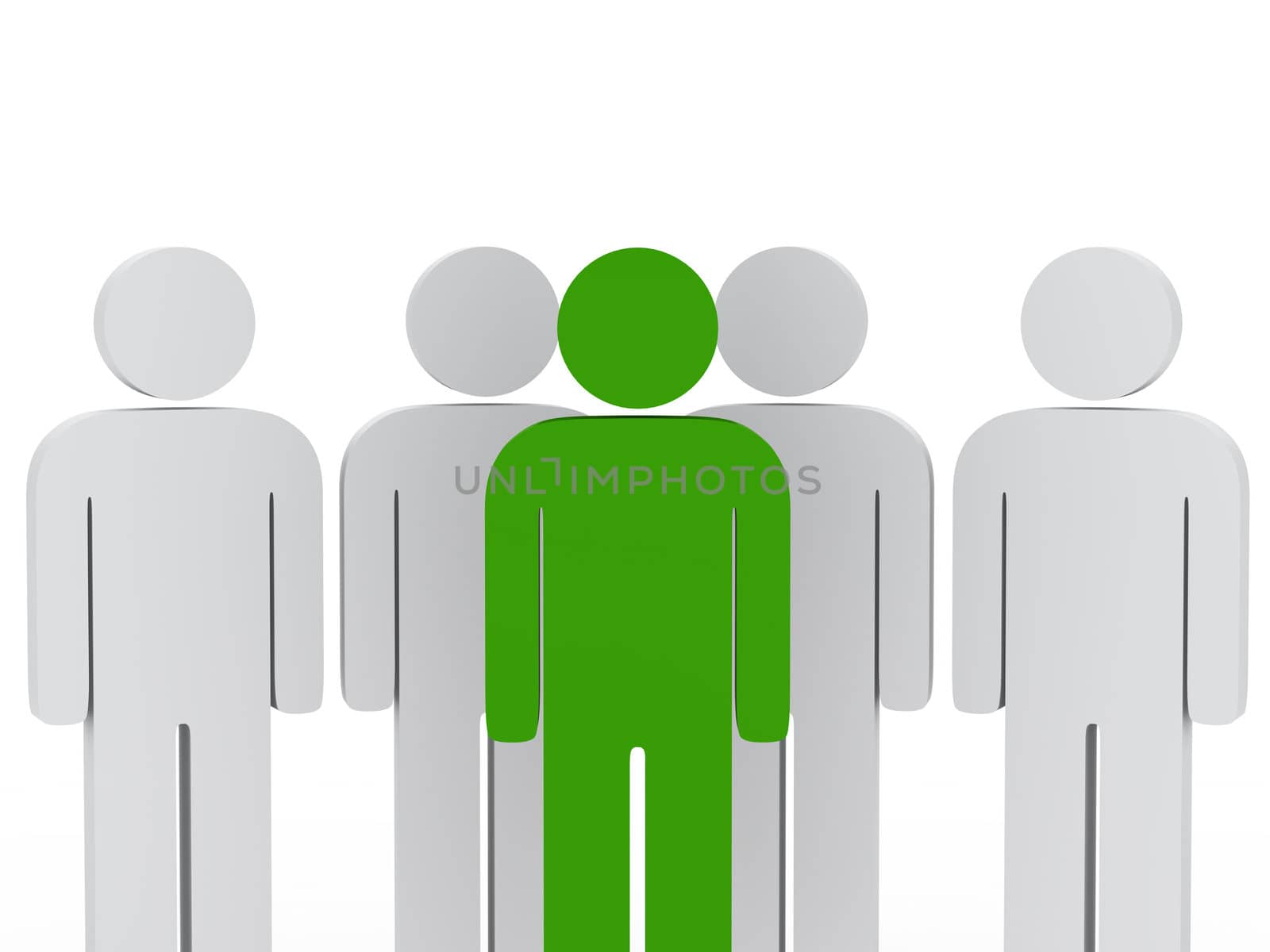 3d teamwork group with green leader front