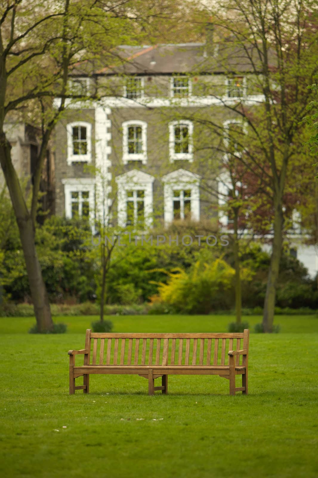 Wooden bench in a park with a grand home in the background
