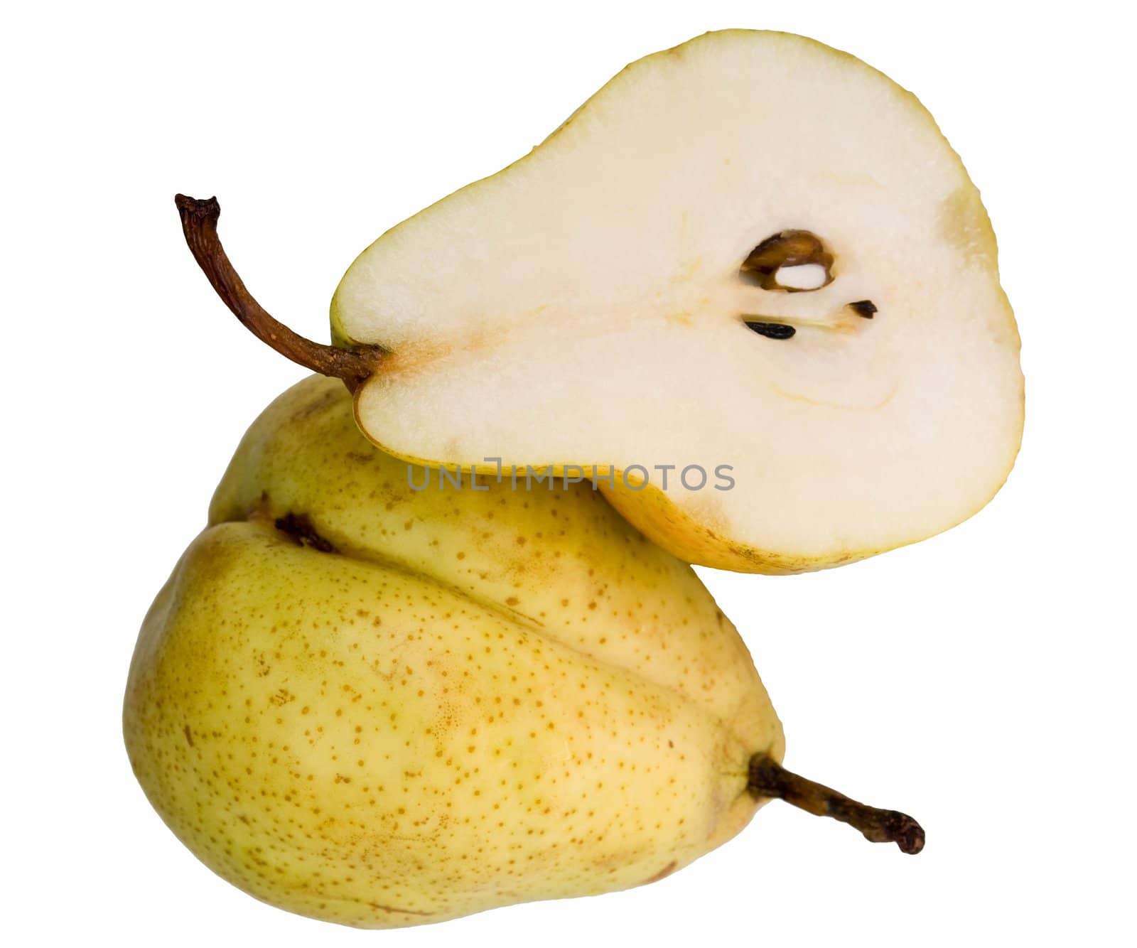 Open and closed pear on a white background