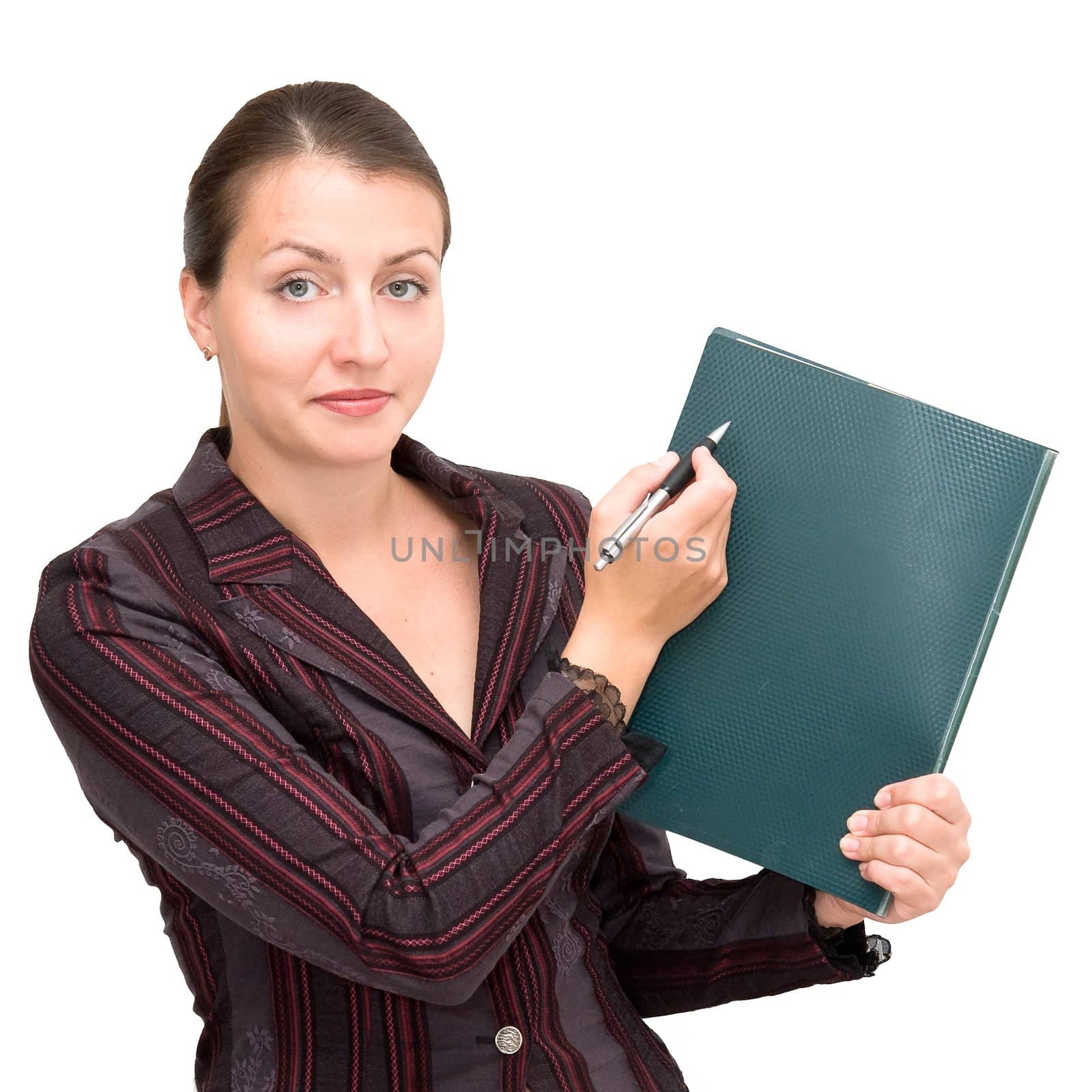 business woman with notepad on a white background