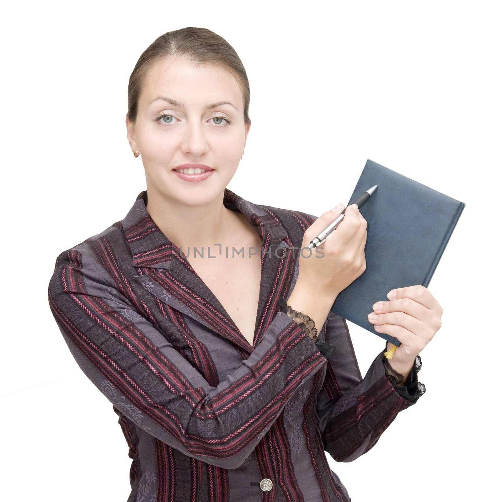 business woman with notepad on a white background