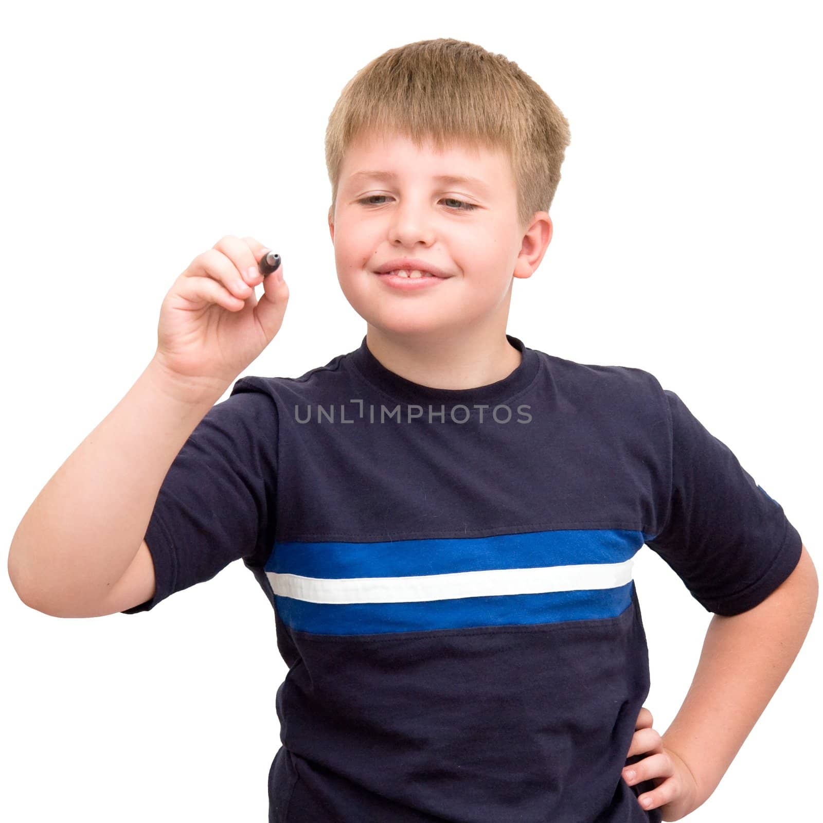 schoolboy writes a pen in air on a white background