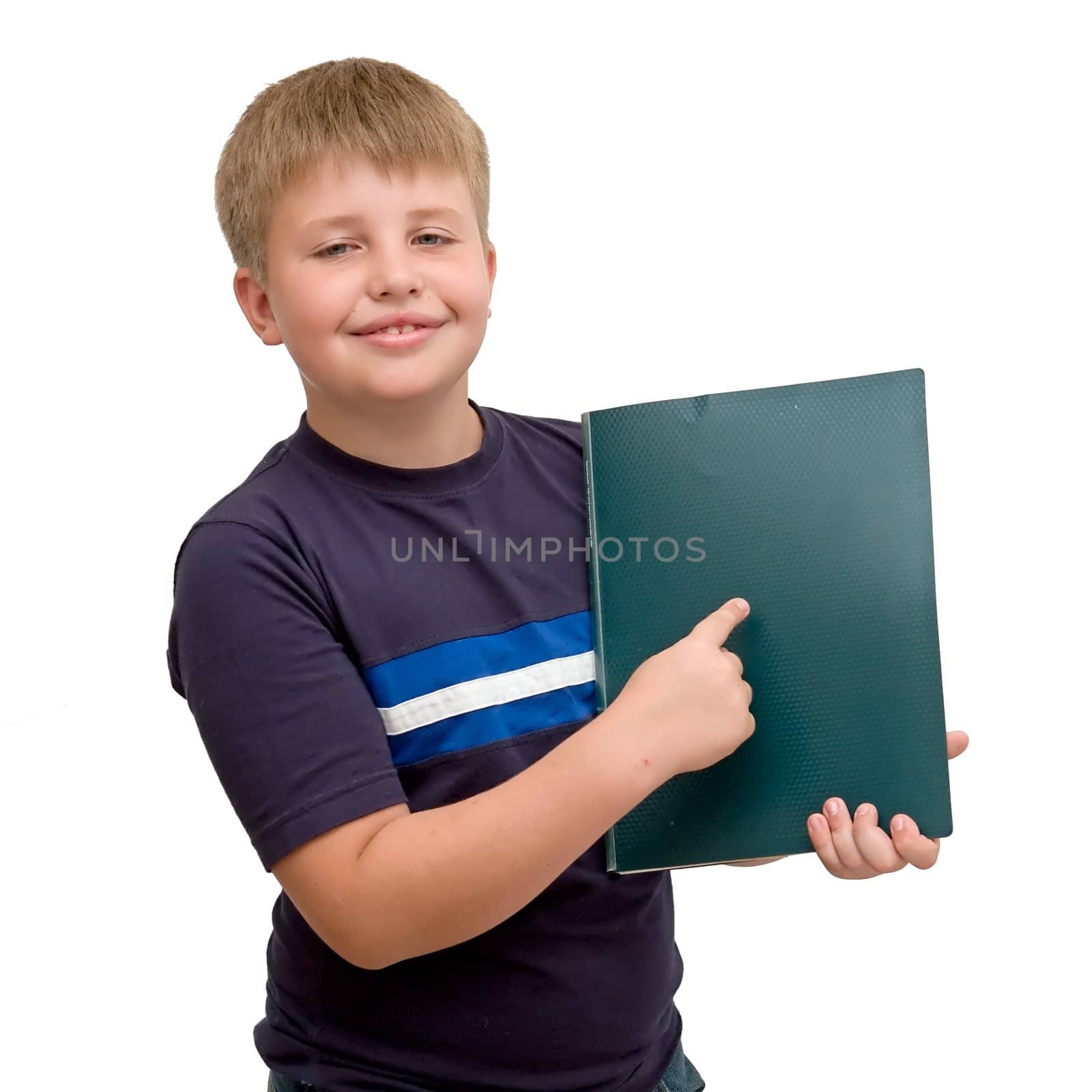 schoolboy with notepad on a white background