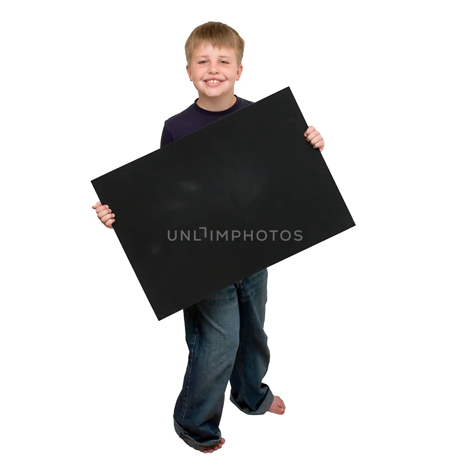 Child holding an empty sign on a white background